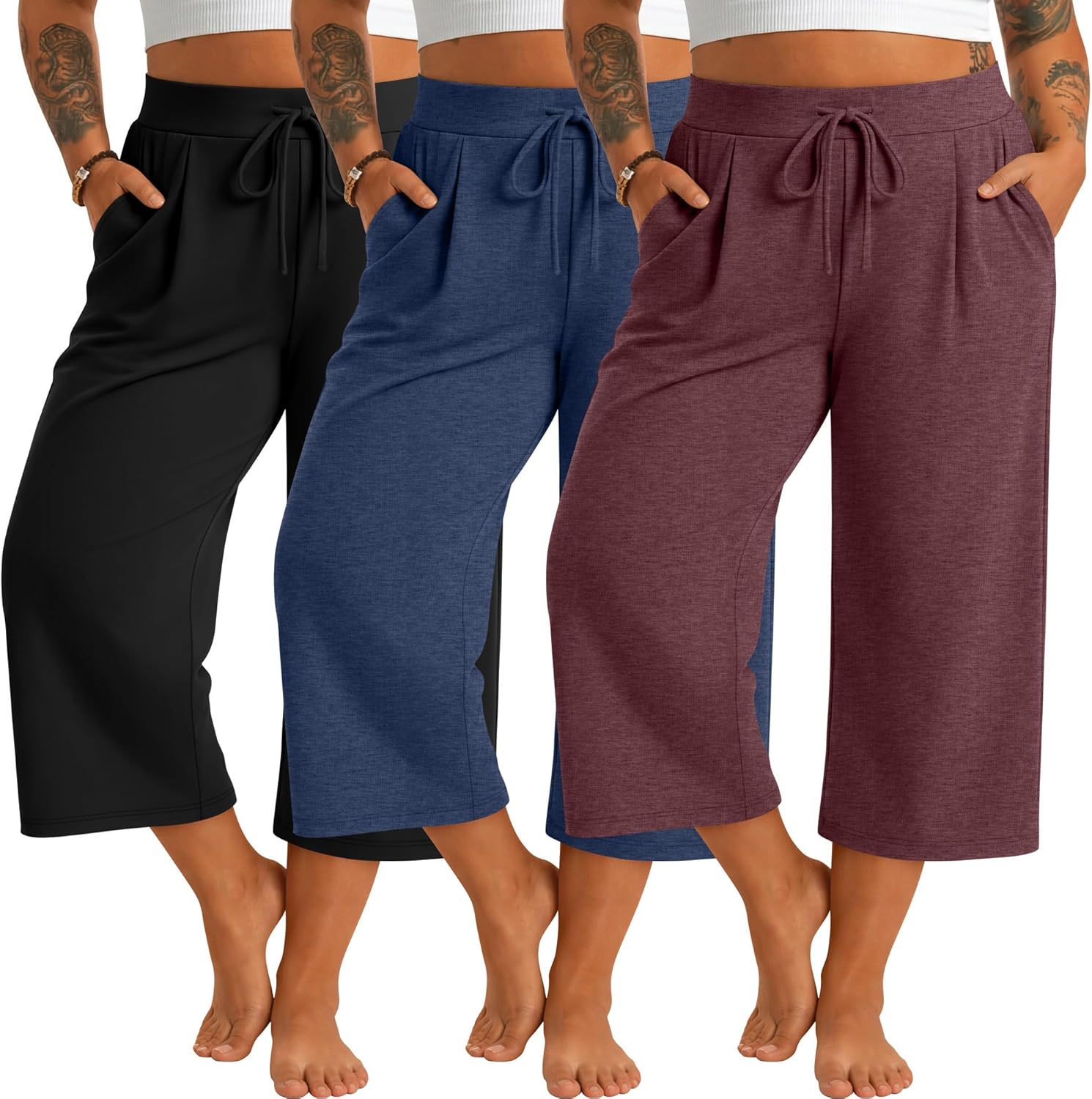 Huukeay 3 Pack Women's Plus Size Capri Pants, Wide Leg Drawstring Capris Sweatpants Loose Cropped Yoga Pants with Pockets
