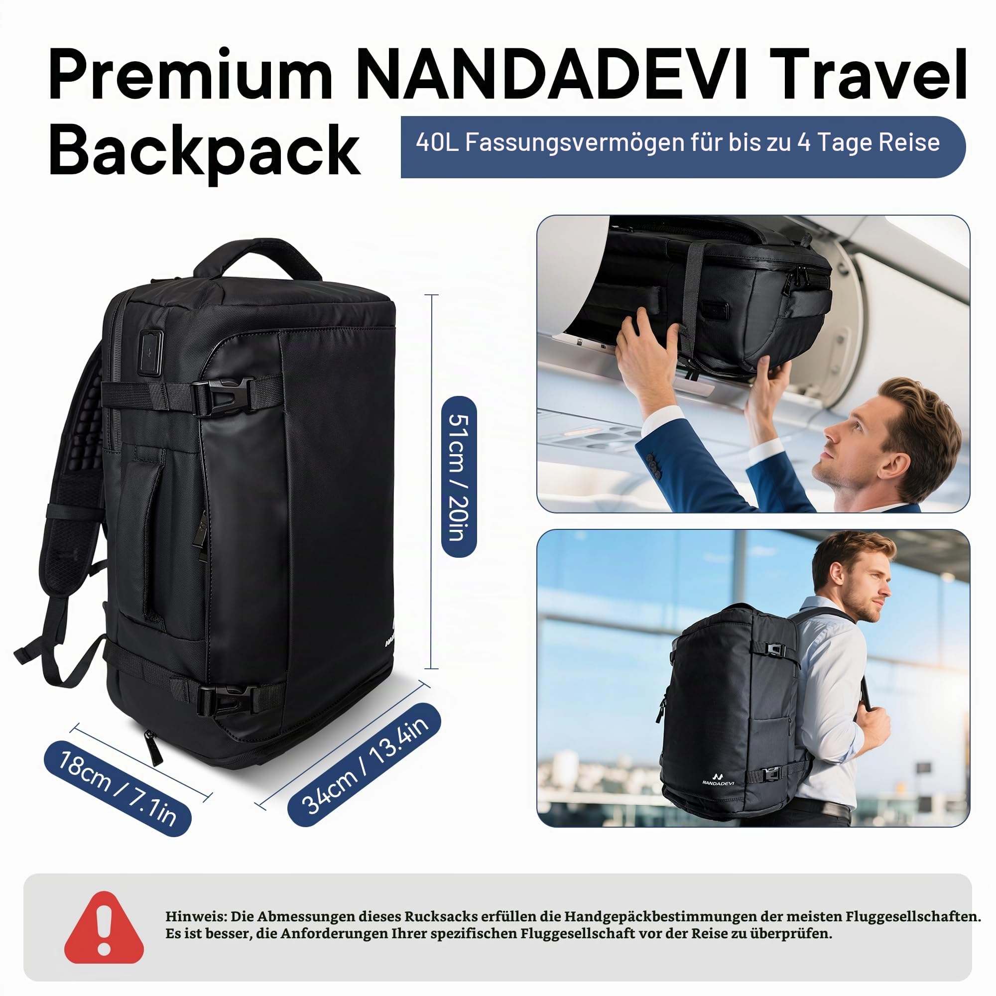 NANDADEVI Rucksack Herren, 40l, großer, robuster, wasserabweisender Wanderrucksack mit Trocken- und Nassisolierung, Laptop-Rucksack für 17,3-Zoll-Laptops