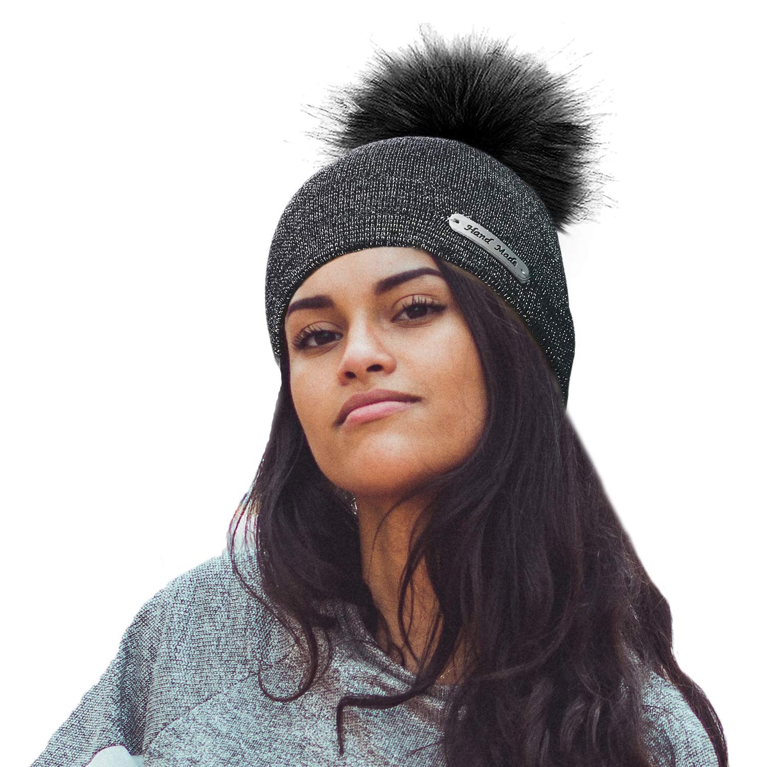 Toskatok Women's Black Toskatok® Girls Rockjock Hand Made Knit Glitter Winter Bobble Beanie Hat With Faux Fur Pom Pom