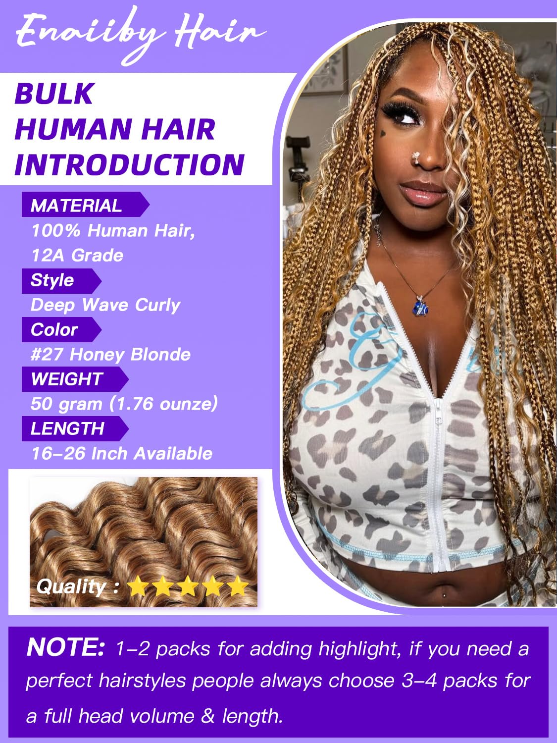 Honey Blonde Braiding Hair 50g 16 Inch, Color 27 Boho Curls Human Hair Bundles Blonde, Deep Wave Curly Human Bulk Hair for Boho Knotless Braids, 12A No Weft 100% Unprocessed Brazilian Virgin Hair