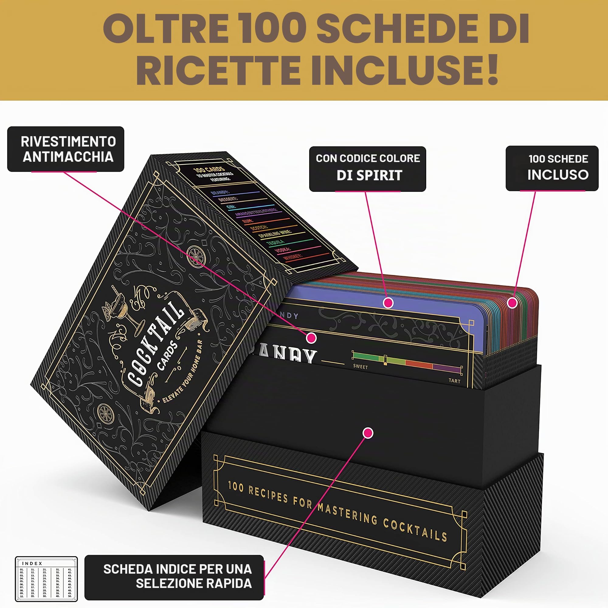 Carte da cocktail: 100 ricette di cocktail per padroneggiare i cocktail, carte da barista con istruzioni per cocktail passo passo e istruzioni video (lingua italiana non garantita)