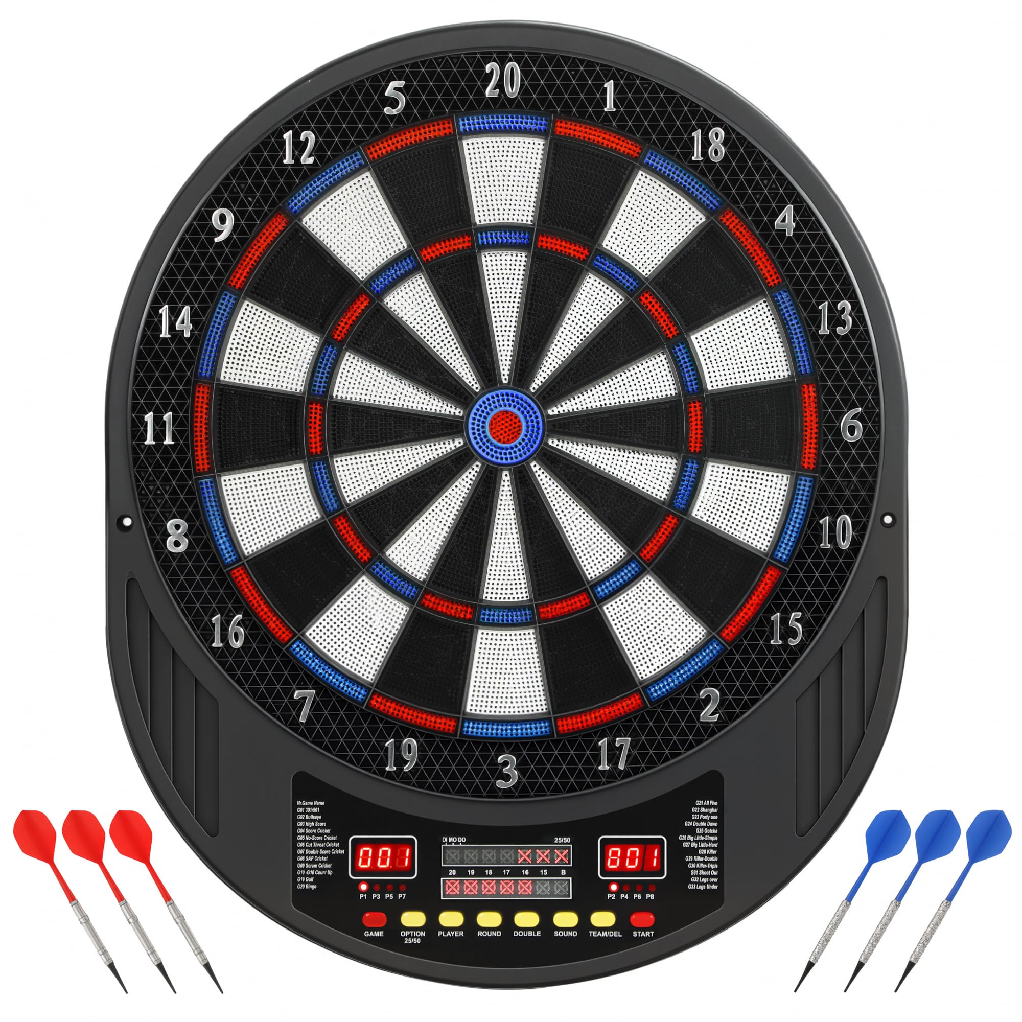 SPORTNOW Cible de fléchettes électronique à Pointe Souple avec Double écran LED, 6 fléchettes, 24 Pointes de Rechange, 33 Jeux, 202 Variantes, pour 8 Joueurs