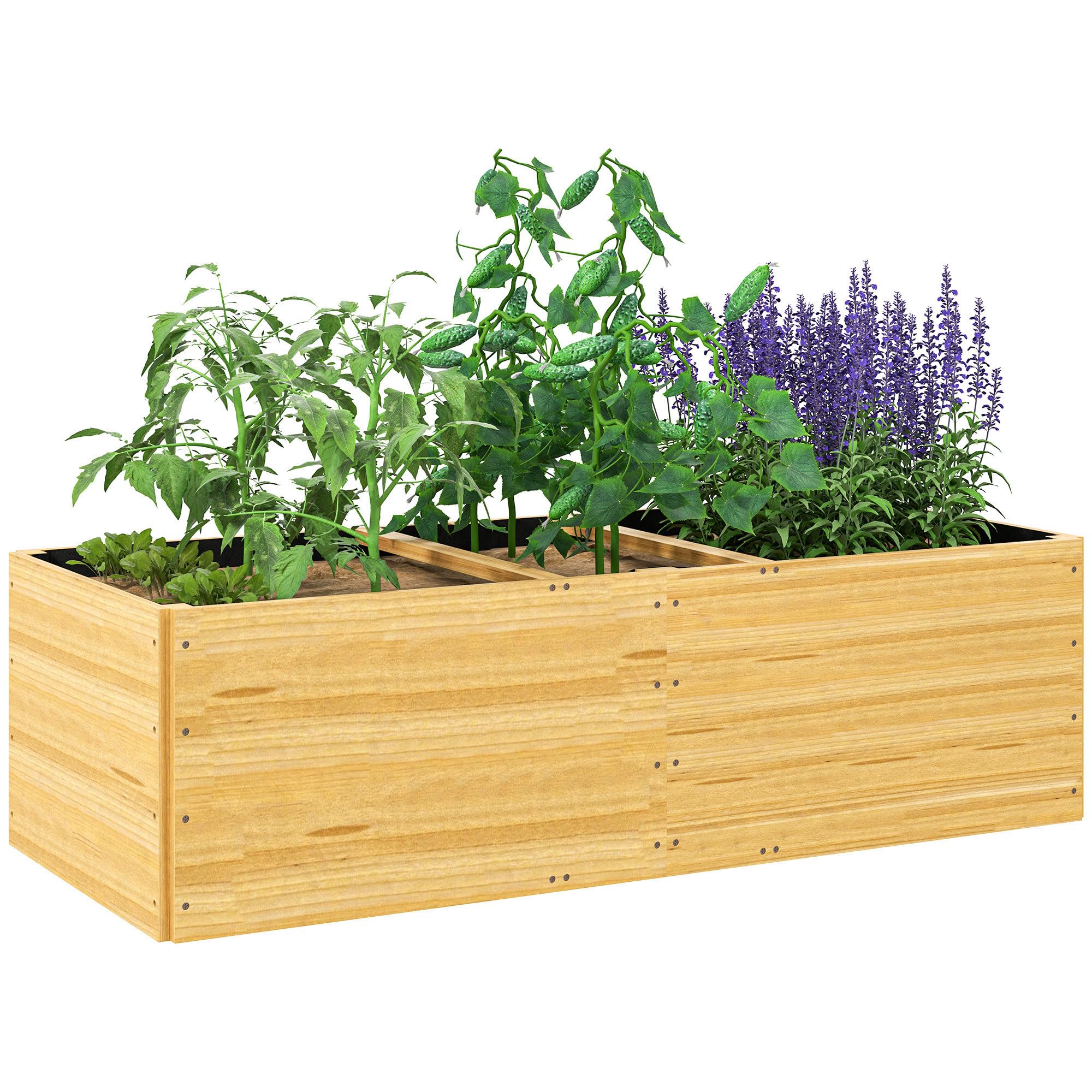 Outsunny Jardinera de Madera Jardinera Exterior Grande con 3 Zonas de Cultivo y Forro Jardinera Rectangular para Jardín Balcón Terraza 140x60x40 cm Natural