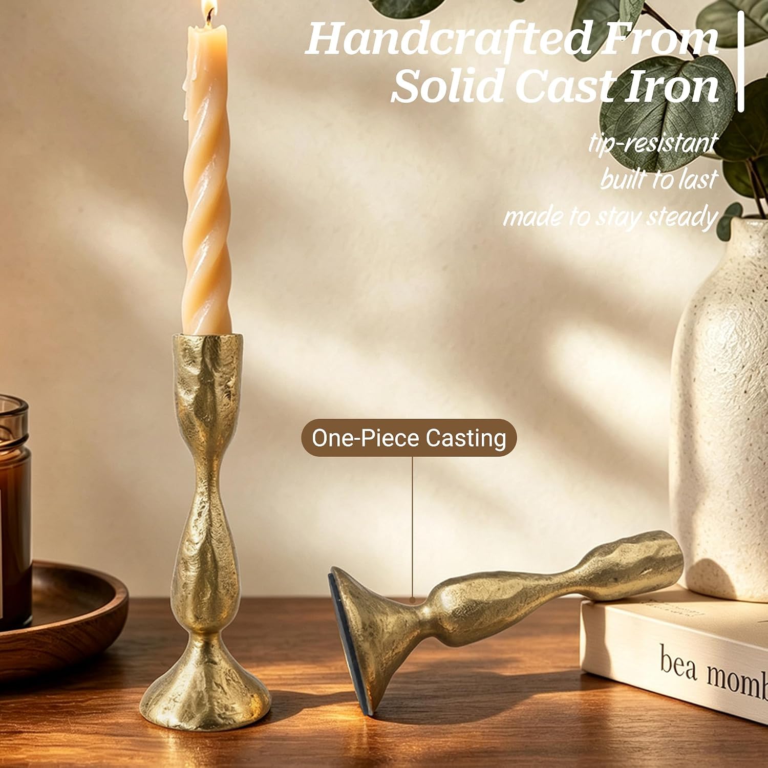 Cast Iron Taper Candle Holders Set of 2, Brass Candlestick Holders