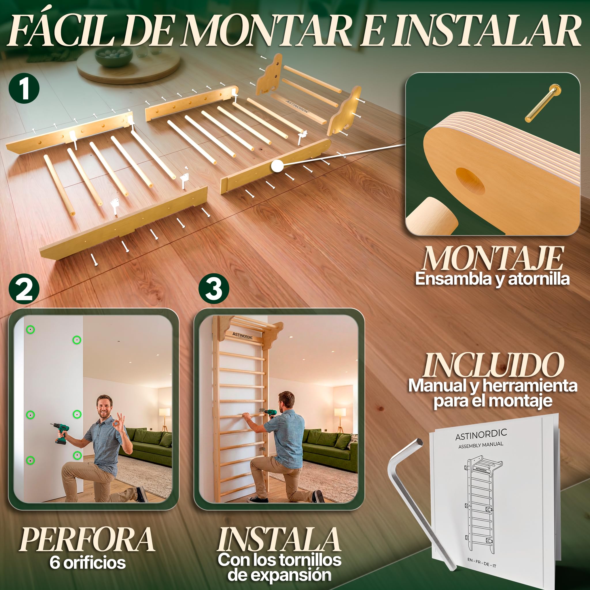 Espaldera Gimnasio Casa con Barra de Dominadas | Escalera Sueca Madera | Soporta hasta 150 kg | Montaje Fácil, Todo Incluido
