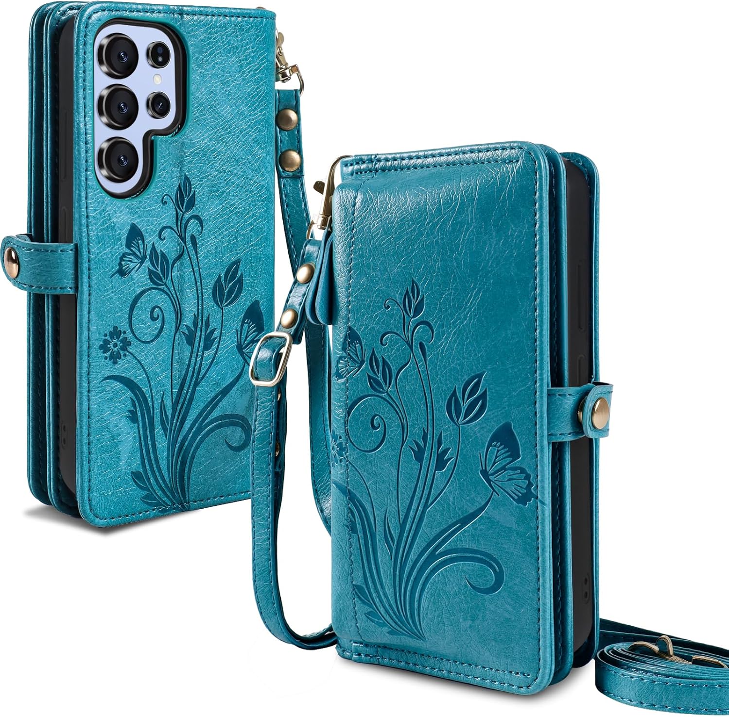 Lacass for Samsung Galaxy S25 Ultra Case Wallet,[Cards Theft Scan Protection] Card Holder Zipper Leather Flip Cover Crossbody Wrist Strap with Stand(Floral Blue Green)