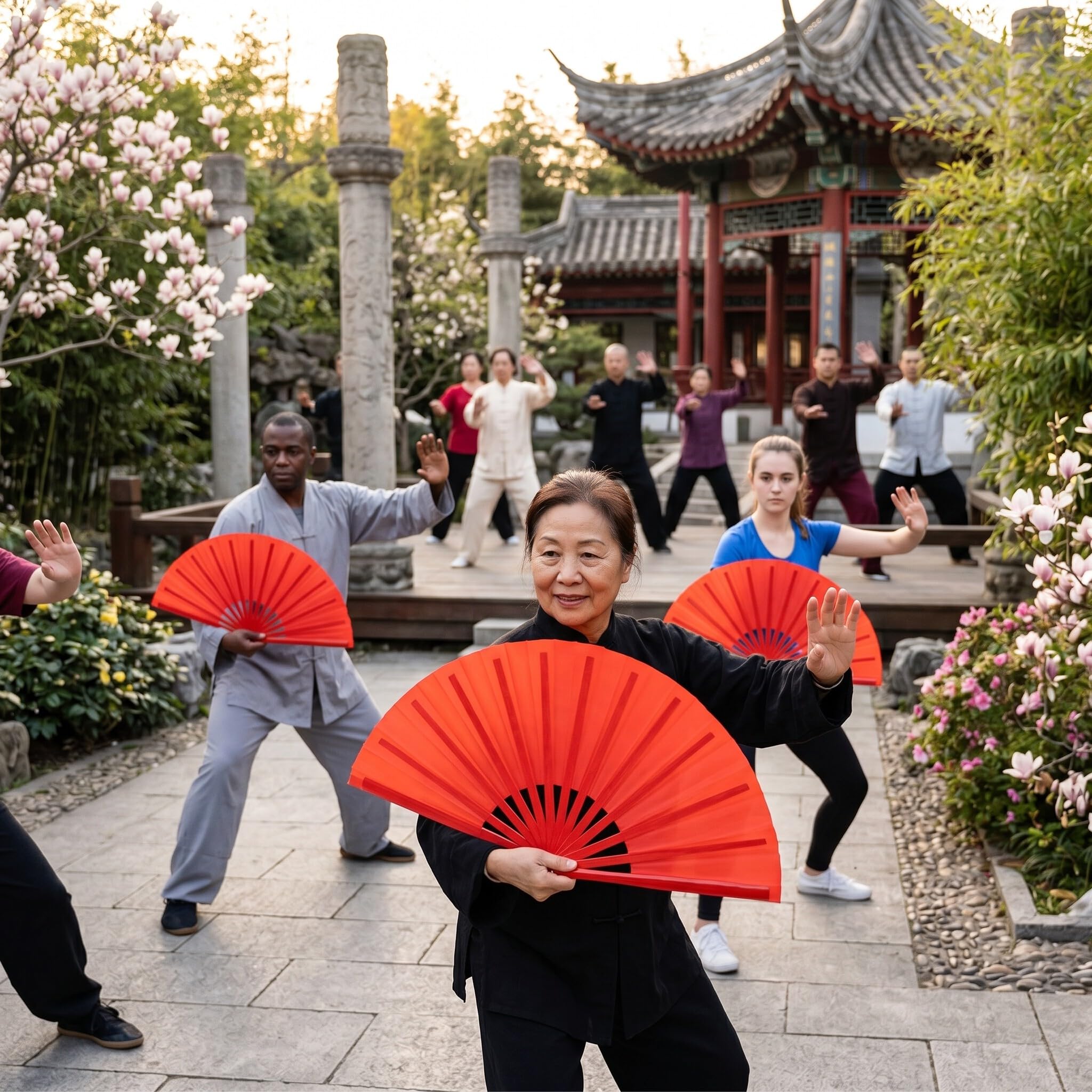 Zerodis Éventail d'arts Martiaux en Bambou Naturel et Soie pour Entraînement et Pratique du Tai Chi et de la Danse avec Mécanisme d'ouverture en Douceur Main Pliante en Soie Rouge (Tige Rouge
