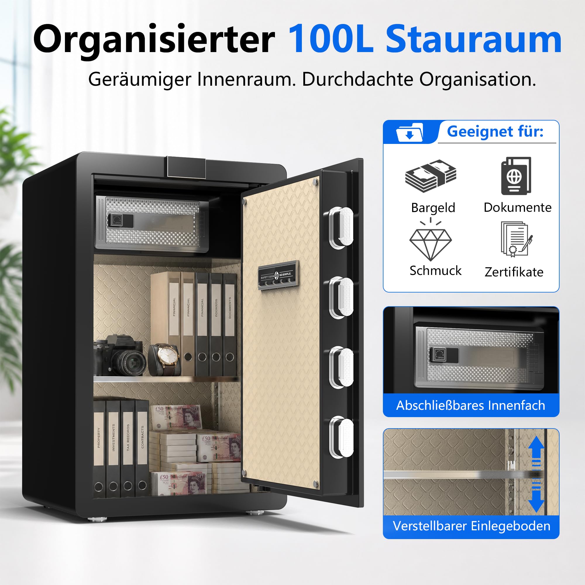 34KG Schwerer Safe Tresor für Zuhause, 100L Großer Stahl Schranktresor mit Zahlenschloss und Fingerabdruck, Alarmanlage, Anti-Theft Möbeltresor für Schmuck, Geld und Wertgegenstände (Weiß, 100L)