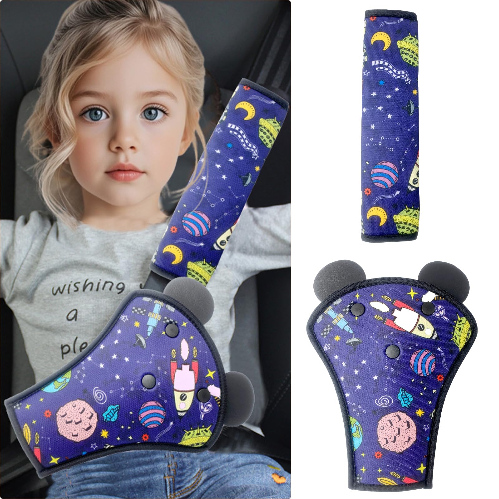 QUNXON Gurtpolster Kinder Set, Verstellbares Gurtpolster Auto, Taille Gurtpolster, Abnehmbarer Gurtschutz Kinder Auto, Schulterpolster Gurtschoner für mehr Komfort auf der Reise (Space Blue)