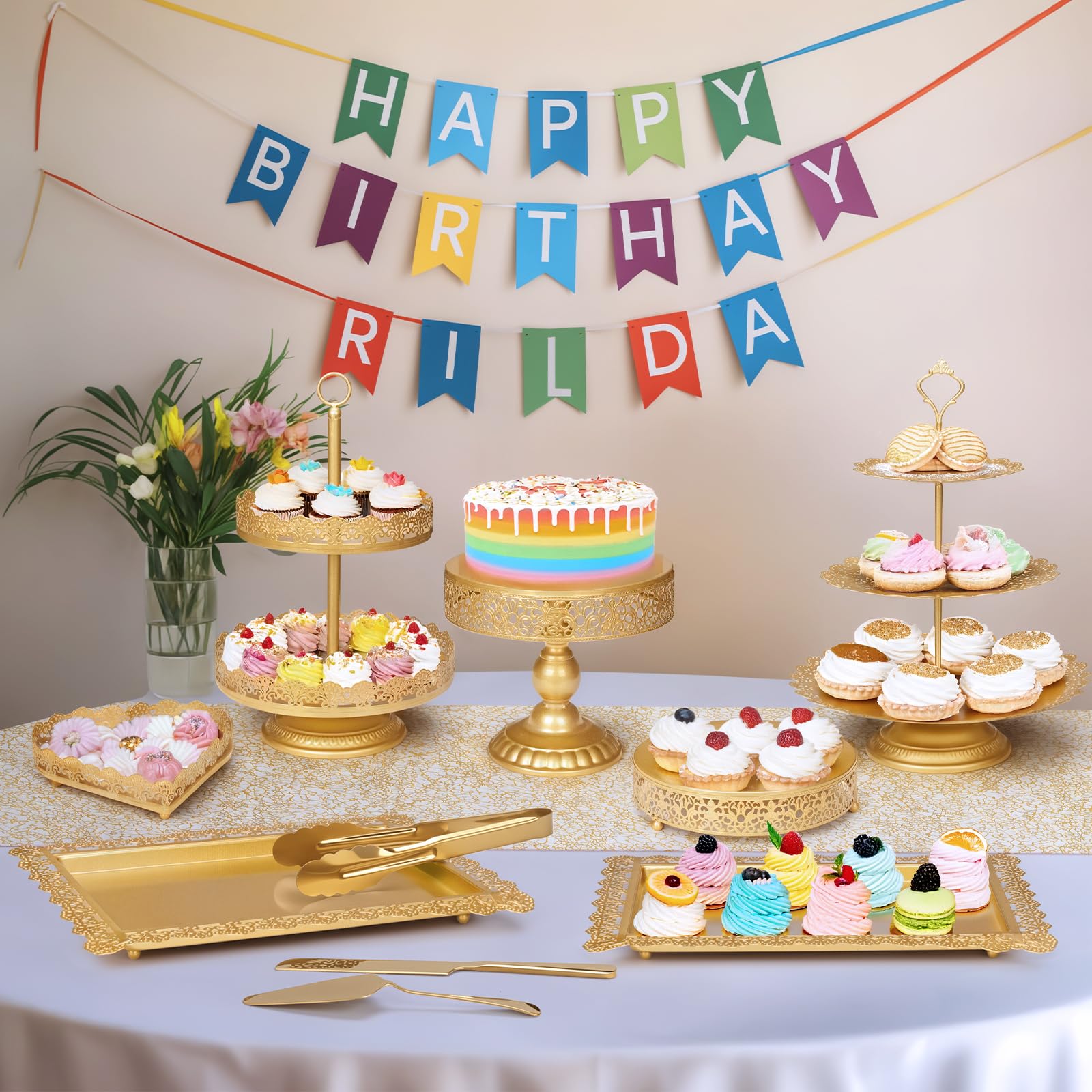 Juego de 10 soportes dorados para tartas, soporte de metal para cupcakes, mesa de postre, bandeja de servir para cumpleaños, boda, fiesta, celebración