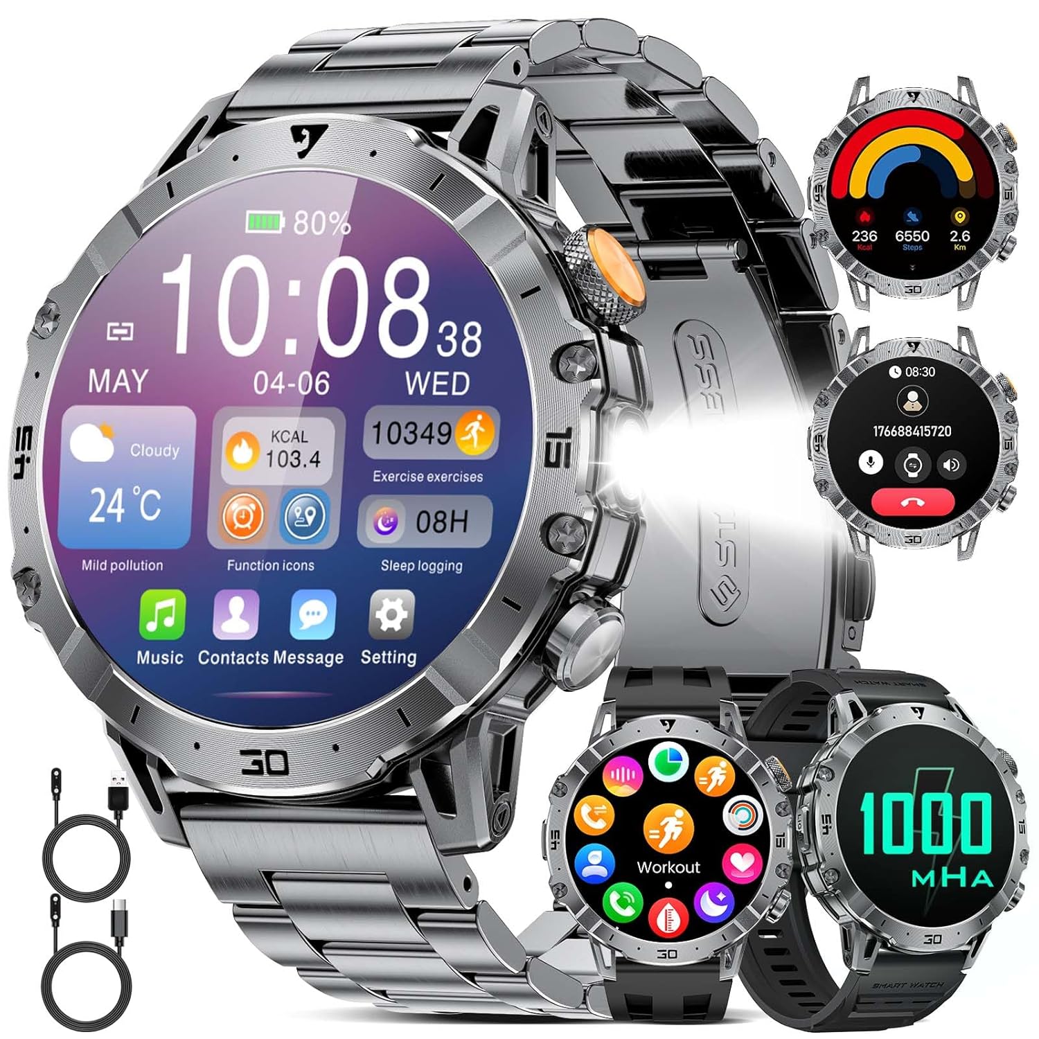 EF18 Military Smart Watch for Men 1 85 HD Smartwatch with 1000 mAh Large Battery LED Flashlight 100