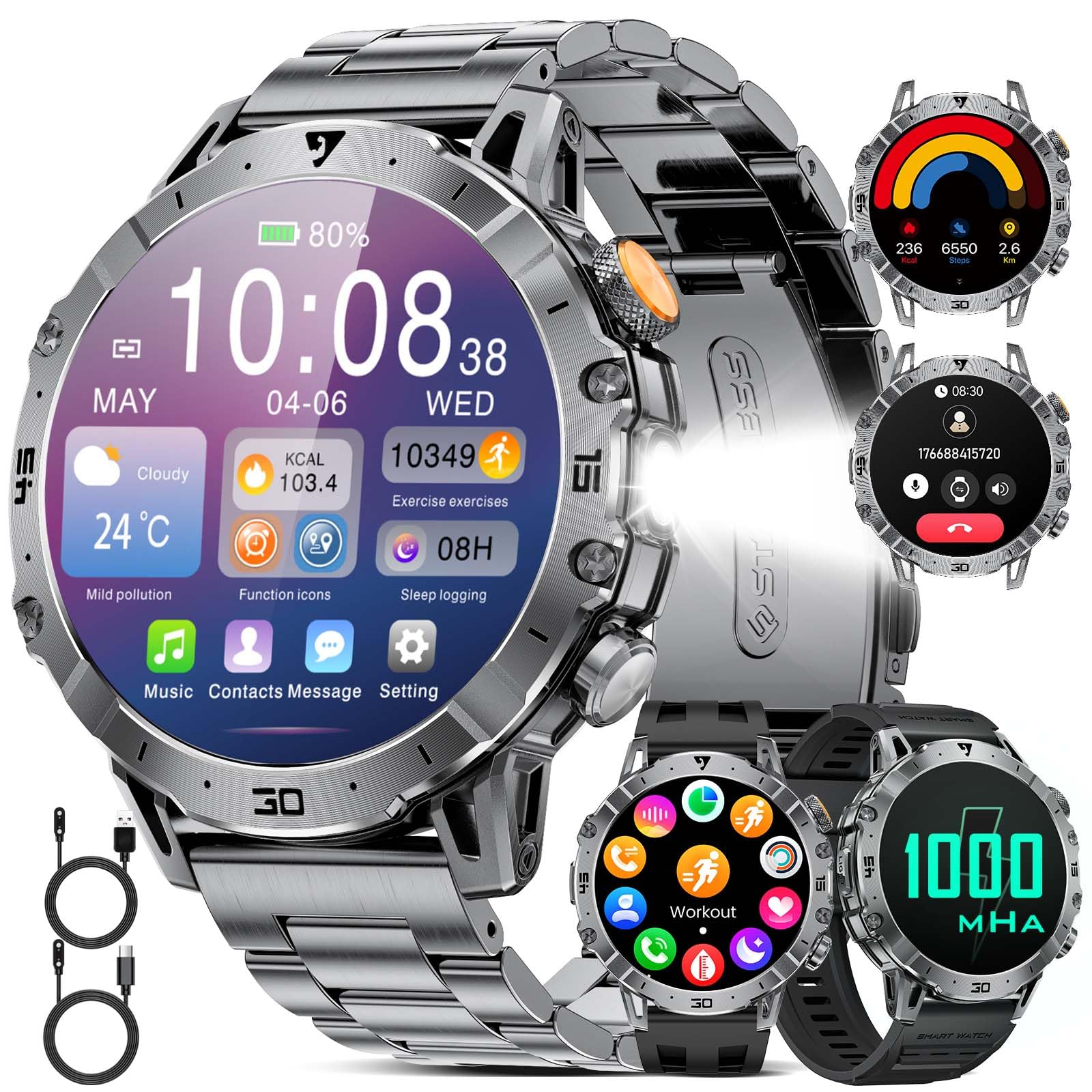 EF18 Military Smart Watch for Men 1 85 HD Smartwatch with 1000 mAh Large Battery LED Flashlight 100