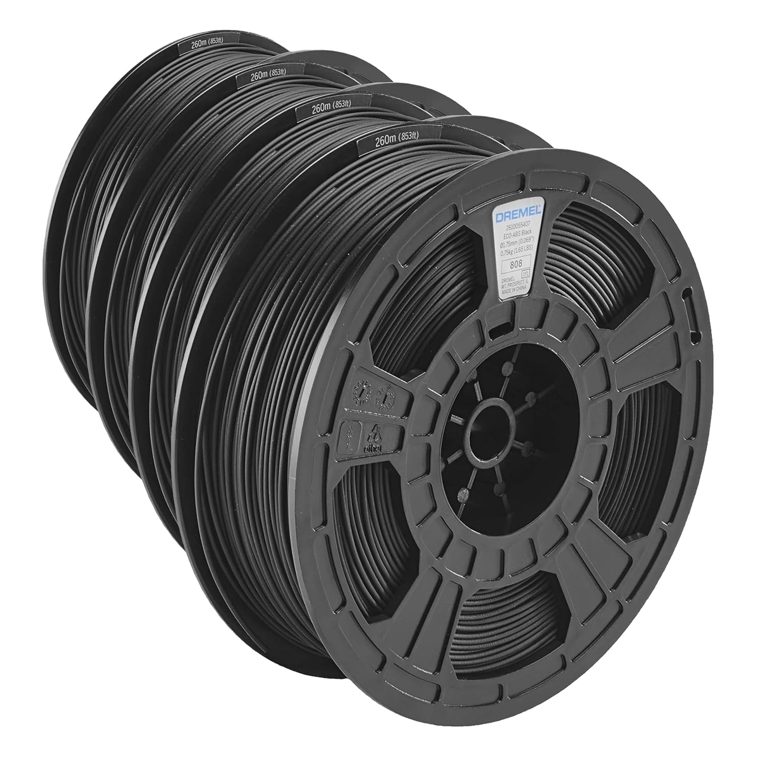 Dremel DigiLab ECO-BLA-01 3D Printer Filament, 1.75 mm Diameter, 0.75 kg Spool Weight, Color Black, RFID Enabled, New Formula and 50 Percent More per Spool (Pack of 4)