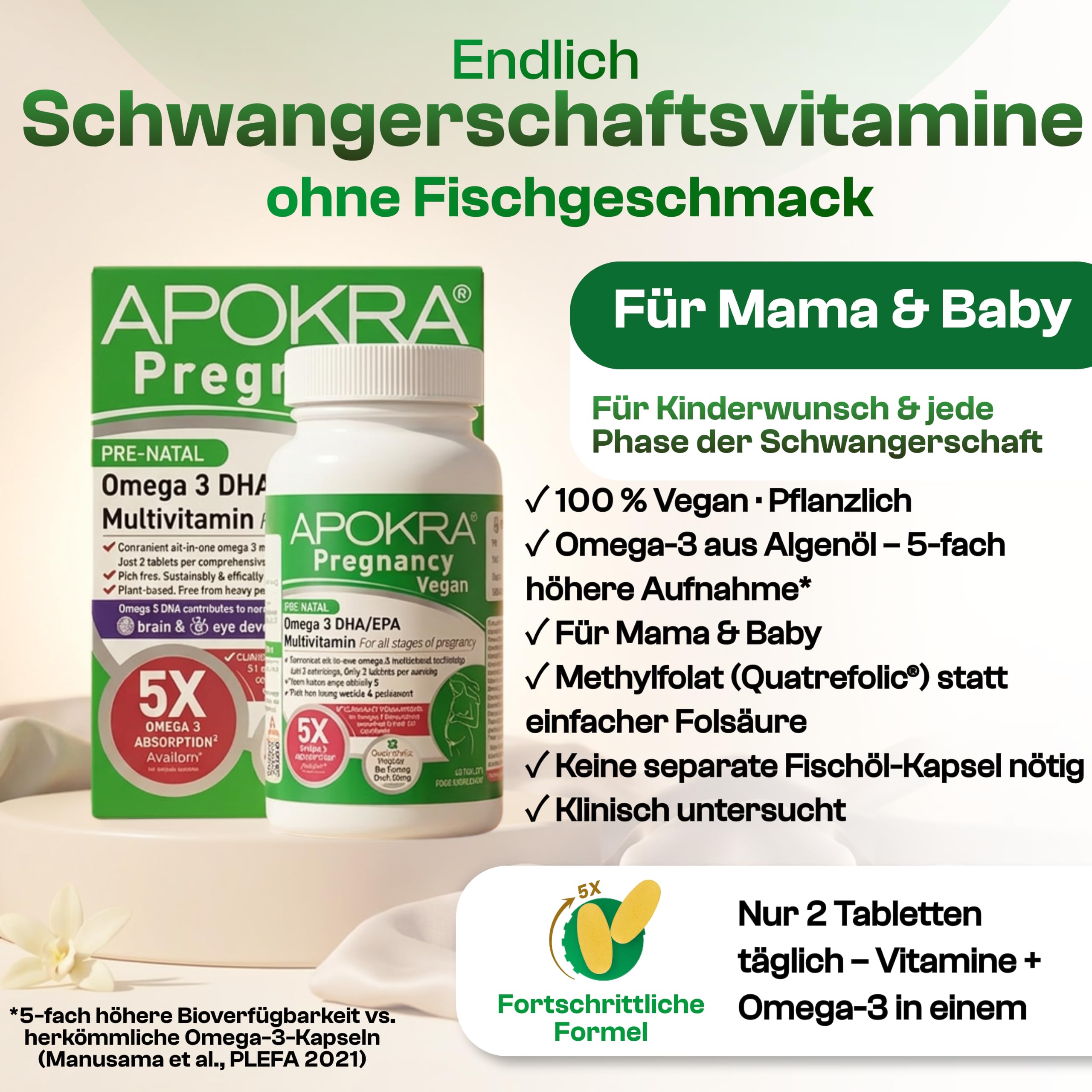 Schwangerschaftsvitamine Vegan – Omega-3 Algenöl & Folsäure (Quatrefolic) – 25 Nährstoffe für Kinderwunsch & Schwangerschaft mit Eisen, Jod & DHA – 60 Tabletten | APOKRA