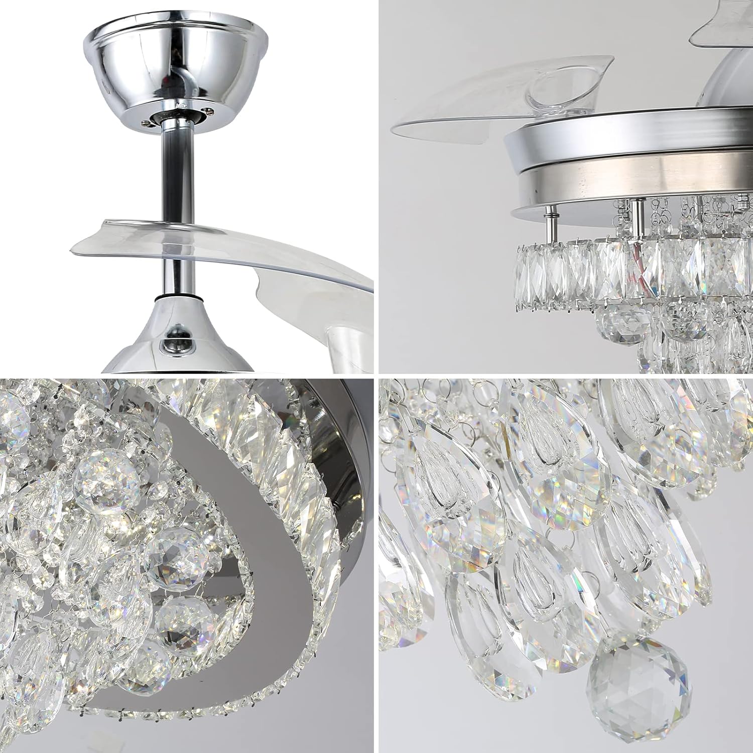 Finktonglan 42" Crystal Fandelier Ceiling Fan with Lights, Retractable Blades, Dimmable 60W LED, Remote & App Control, Quiet Reversible Motor, 6 Speeds & Timer, Downrod Mount for Bedroom/Living Room