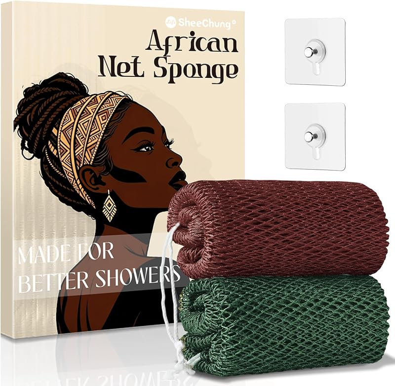 Esponja de banho em rede africana SheeChung, longa, de nylon, pacote com 2