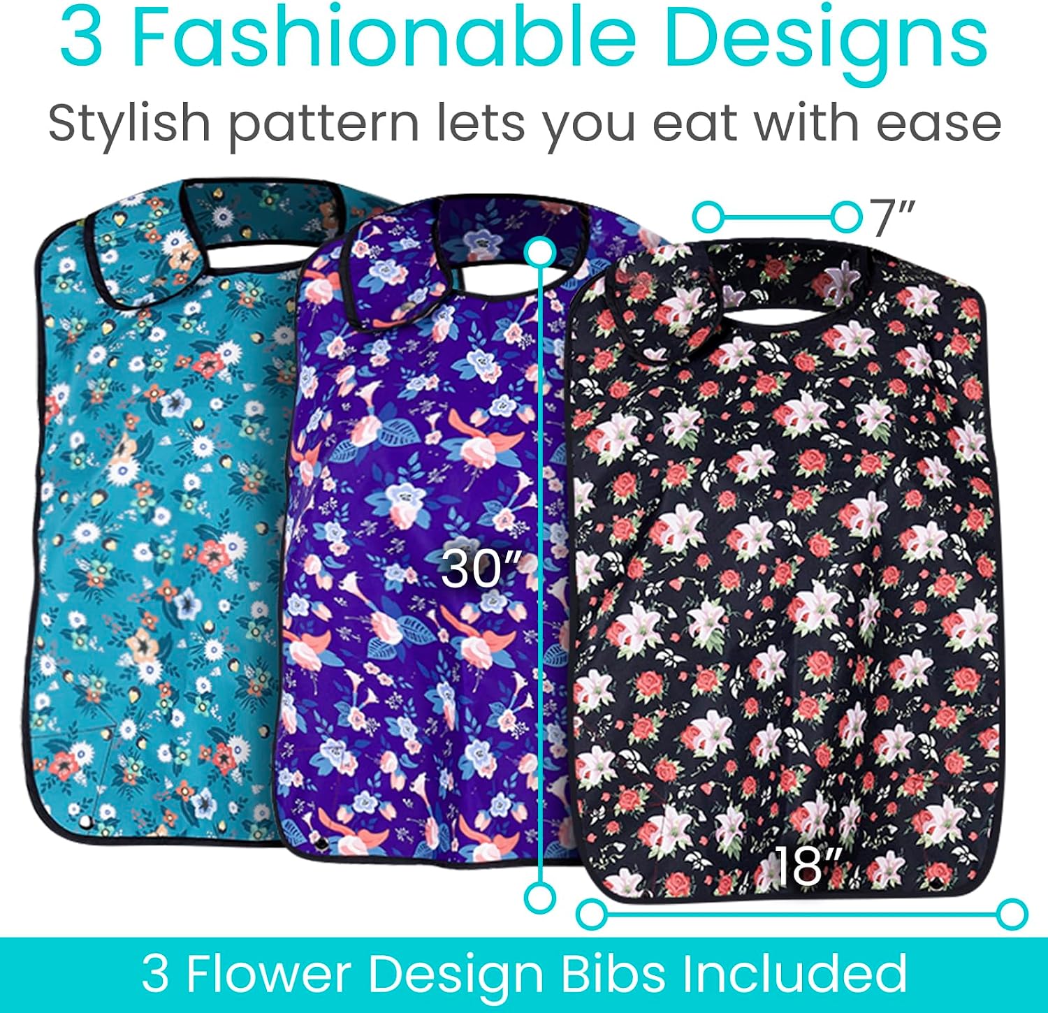 Vive Adult Bibs for Women, Men (3 Pack) - Washable Bibs for Elderly - Clothing Protectors for Adults with Crumb Catcher
