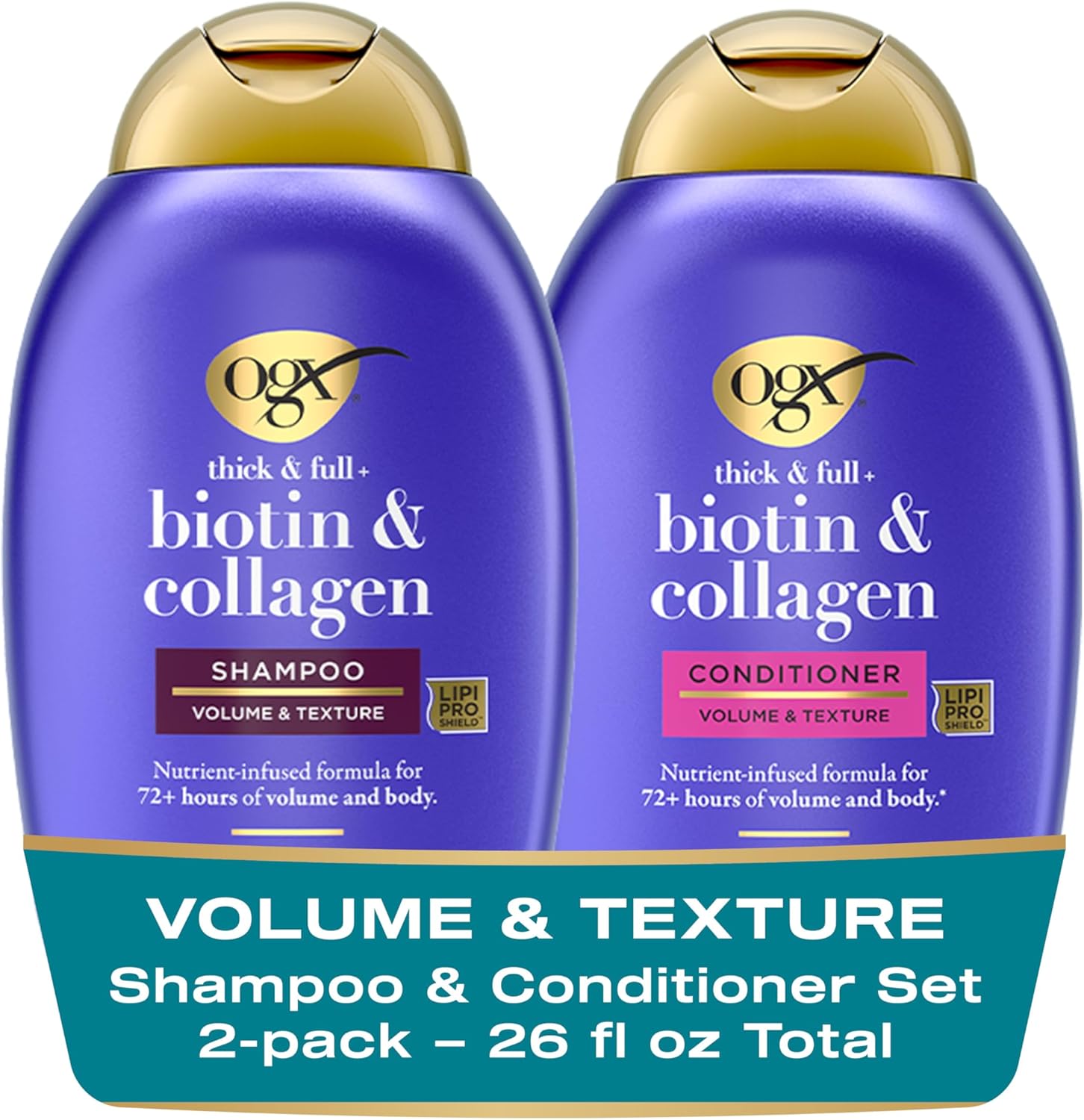 OGX Thick & Full Shampoo & Conditioner with Biotin & Collagen (2x 385ml), Sulfate-Free Surfactants for Luxurious, Voluminous Hair, Strengthening and Nourishing Haircare Set Package design may vary