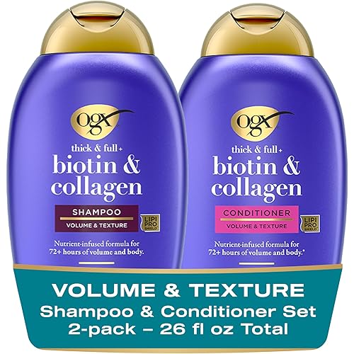 OGX Thick & Full + Biotin and Collagen for Hair Volume & Body, Sulfate Free Volumizing Shampoo & Conditioner Set for Fine & Thinning Hair, Nutrient-Infused, Vitamin B7, 13 fl oz, 2 Pack