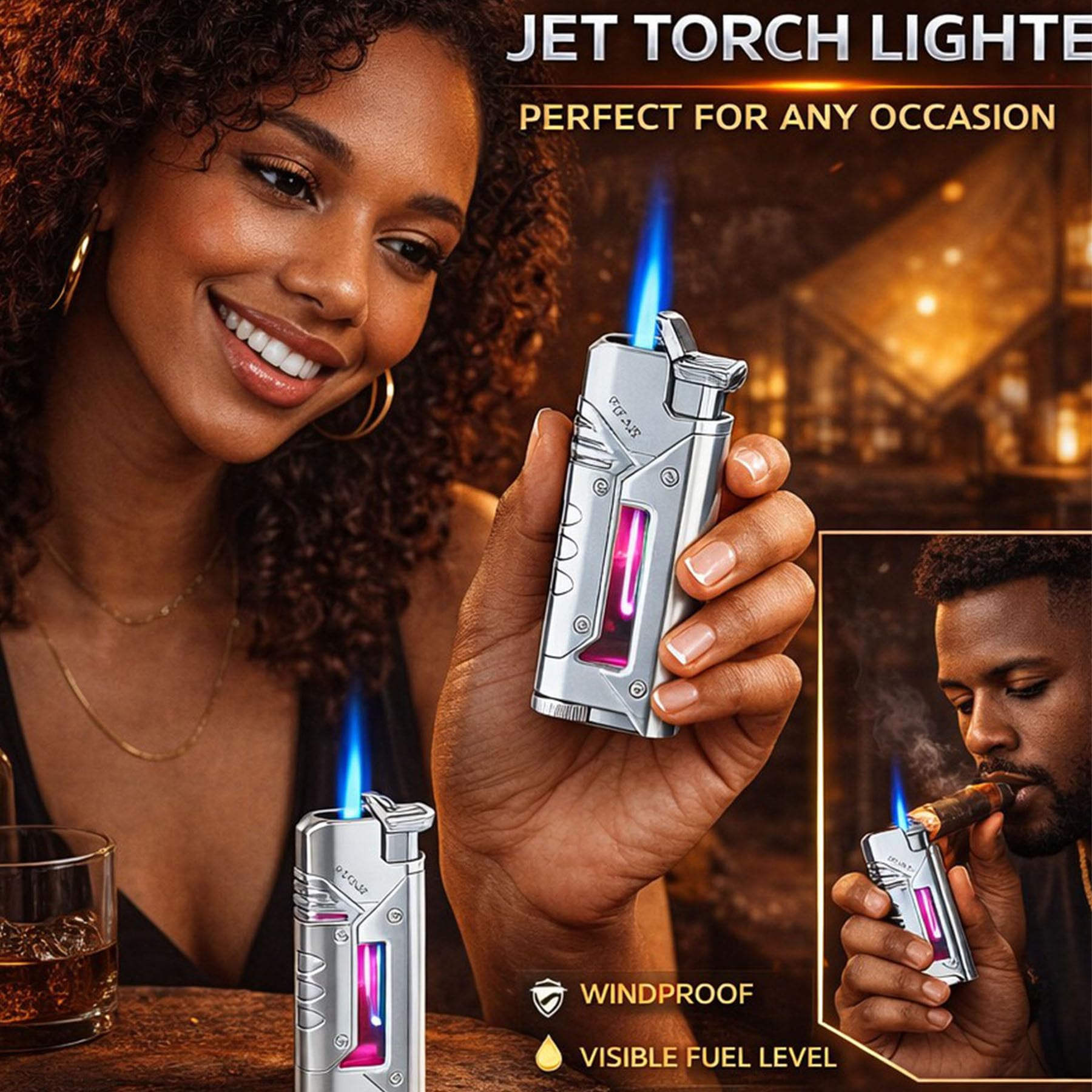 Mechero de metal resistente al viento, llama de chorro ajustable, recargable con combustible visible, perfecto para uso en exteriores por hombres y mujeres