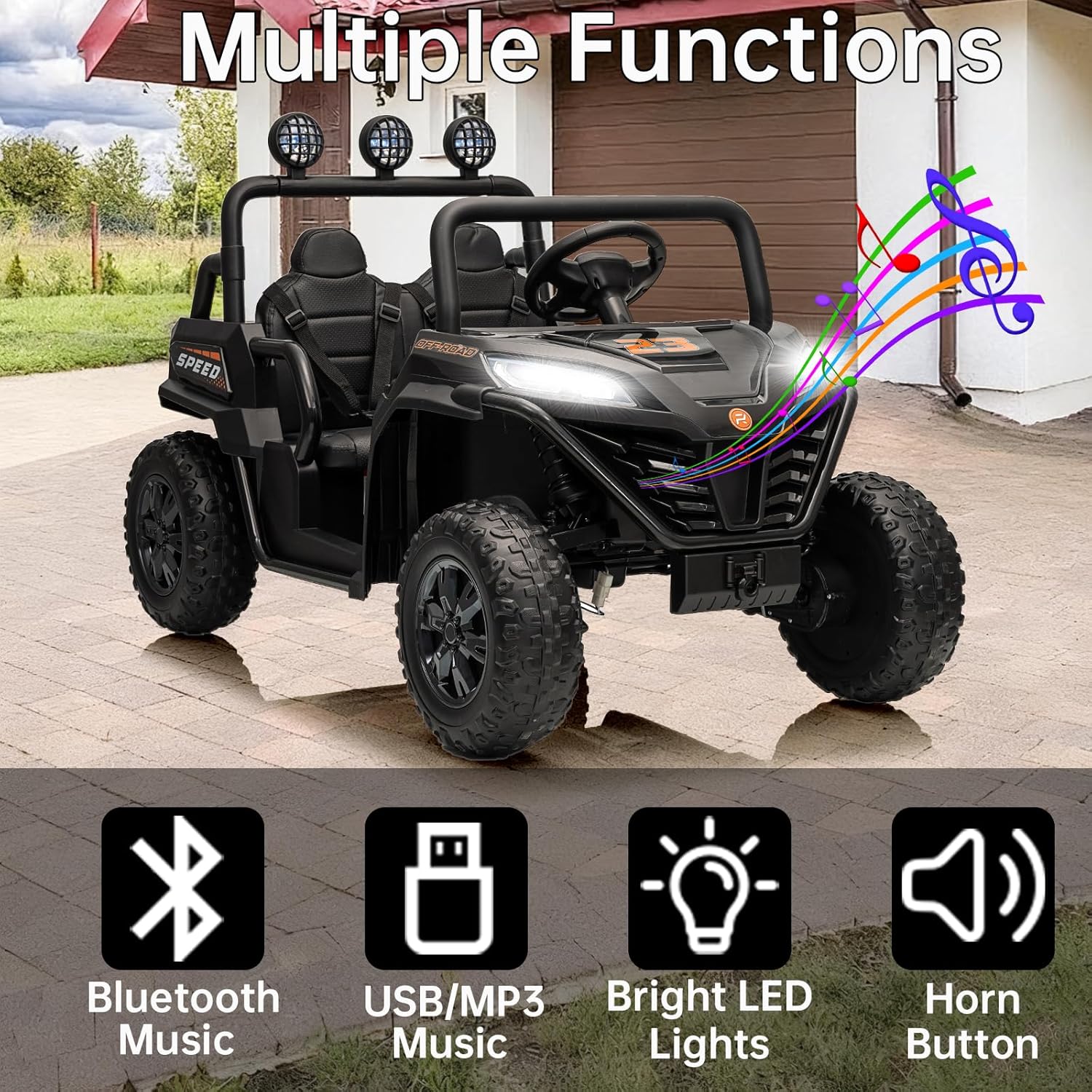 24V Side by Side Ride On Truck, Battery Powered Electric Vehicle with Remote Control, 4x100W Powerful Motor, 2 Seater Kids Car with Bluetooth, Black