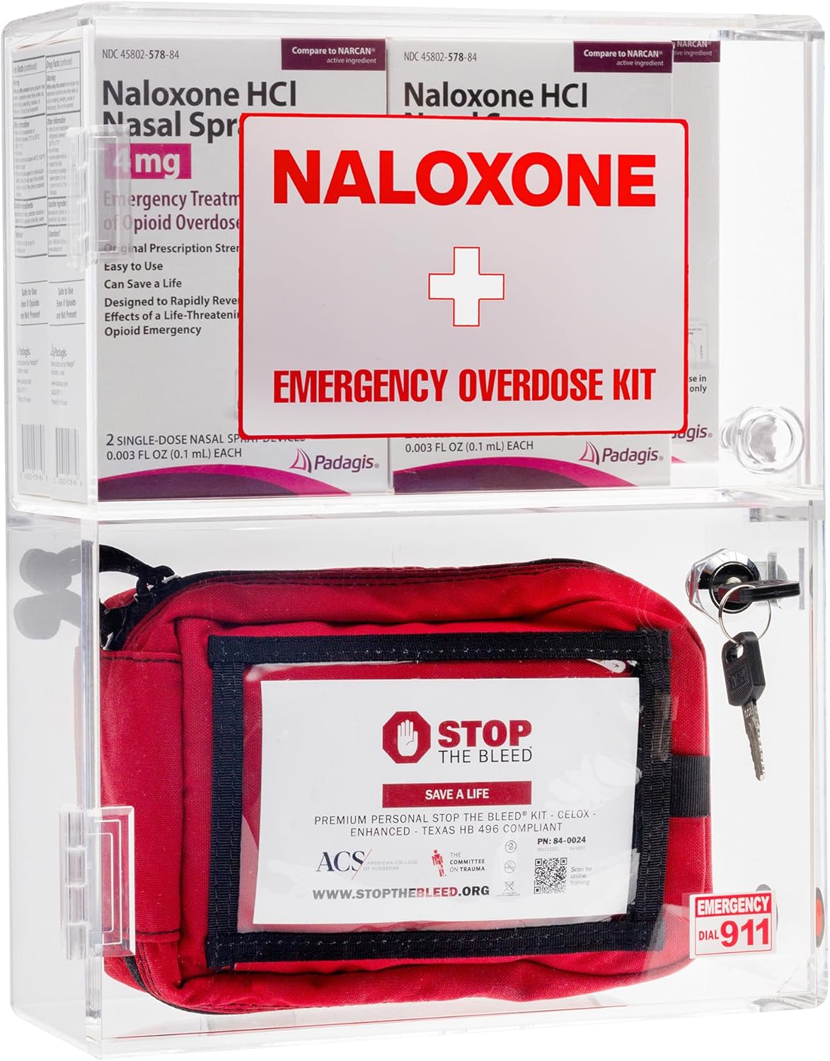 Naloxone Emergency Overdose Kit Wall Mount Cabinet | Holds 3-6 Naloxone Boxes & Bleeding Control Kit or First Aid Kit | Designed for Public Spaces