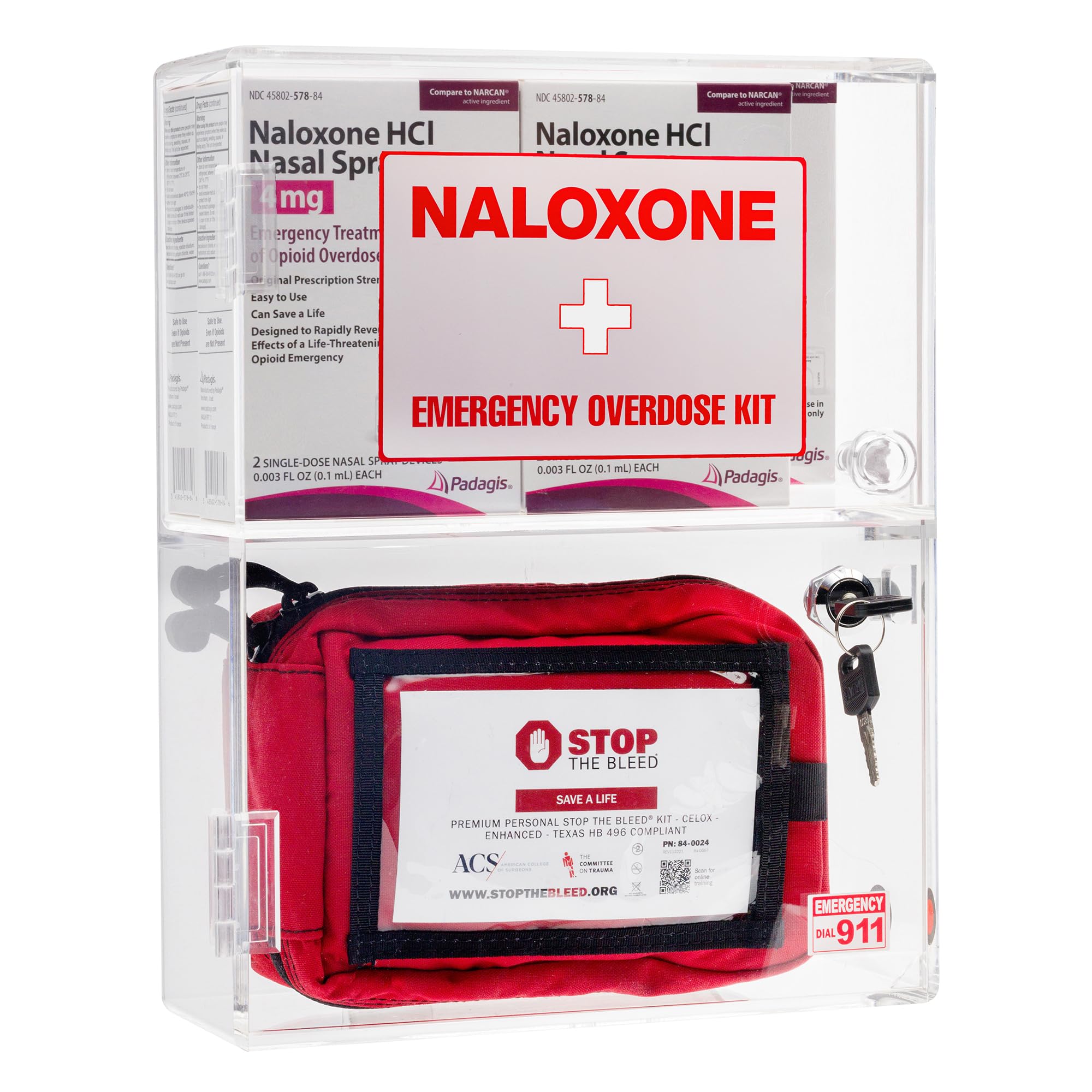 Kit de emergencia de sobredosis de naloxona para montaje en pared, diseñado a medida para espacios públicos para contener 6 cajas y accesorios de naloxona, incluyendo kits de primeros auxilios o