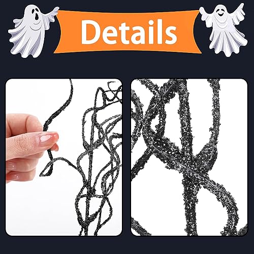 Vista 9 de Watayo 12 Pcs Halloween Artificial Curly Willow Branches, Fake Black Silver Glitter Curly Twig Stems Ornaments, Faux Halloween Glitter Sticks