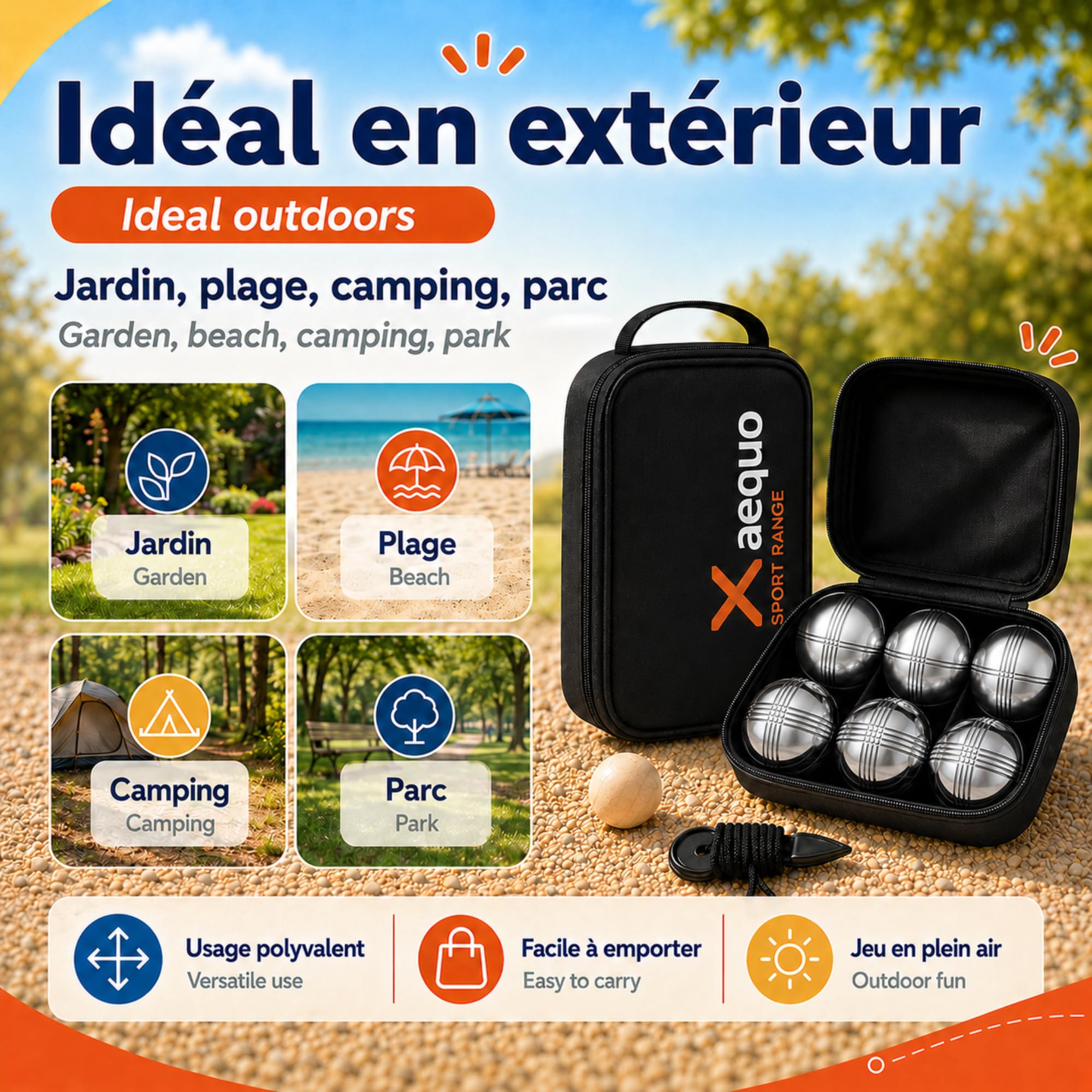 Petanque-Kugel – Komplettset mit 6 Kugeln aus verchromtem Stahl mit Zielkugeln aus Holz und Messgeräten – Petanque-Tasche inklusive – Kugel-Set für den Innen- und Außenbereich (10 Stück)