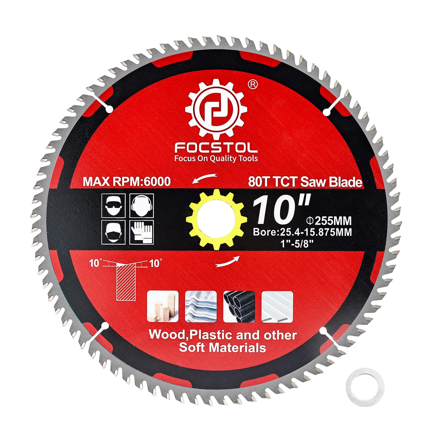 FOCSTOL Wood Cutting Circular Saw Blade 255mm, 80 Tooth TCT Cutting Blade for Cutting Wood Plywood, Particle Board