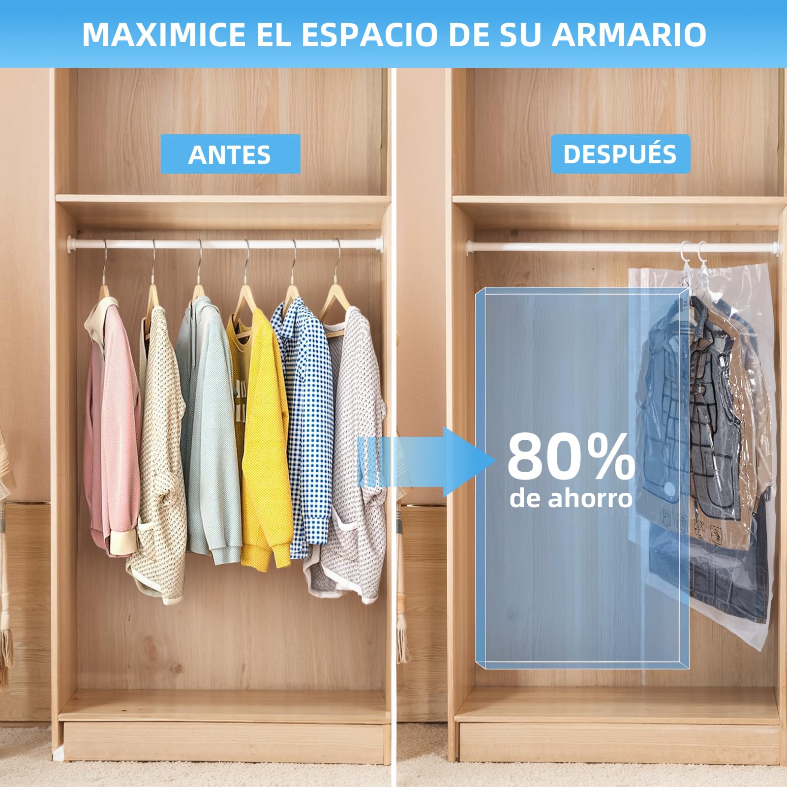 AGPTEK 6 Bolsas Vacío Colgantes para Trajes y Abrigos con Bomba Eléctrica, Ahorra 80% Espacio, Material PA+PE 8 Mil Reutilizable para Viaje y Almacenamiento Ropa