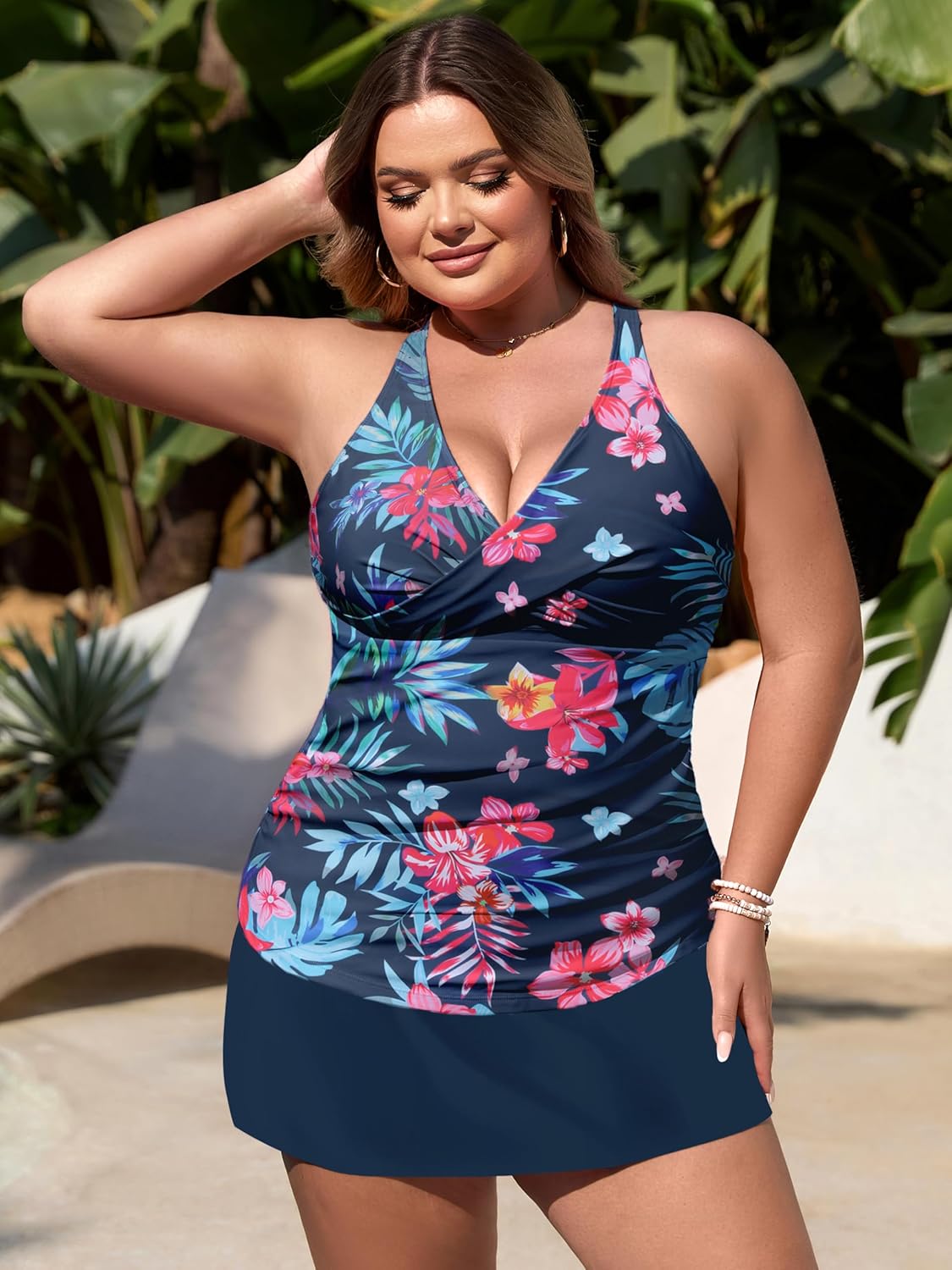 NIeyook Plus Size Swimsuits for Women Two Piece Tankini Bathing Suit with Skirt 2026 V-Neck Tummy Control Swimwear - Image 3