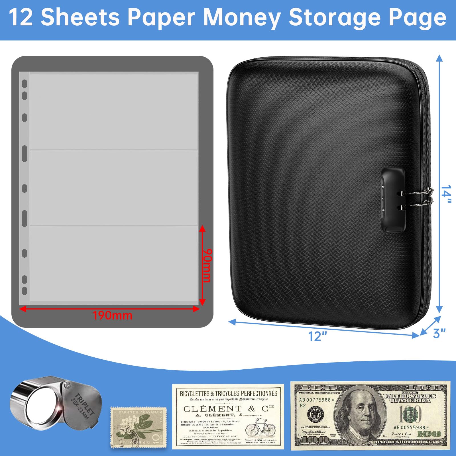 Coin Collection Album with Lock,350 Pockets Fireproof Hard Coin Collection Book&36 Sleeves Currency Collection Binder Storage for up to 45mm Coins(Quarter),Bill,Stamp,Postcard-Black