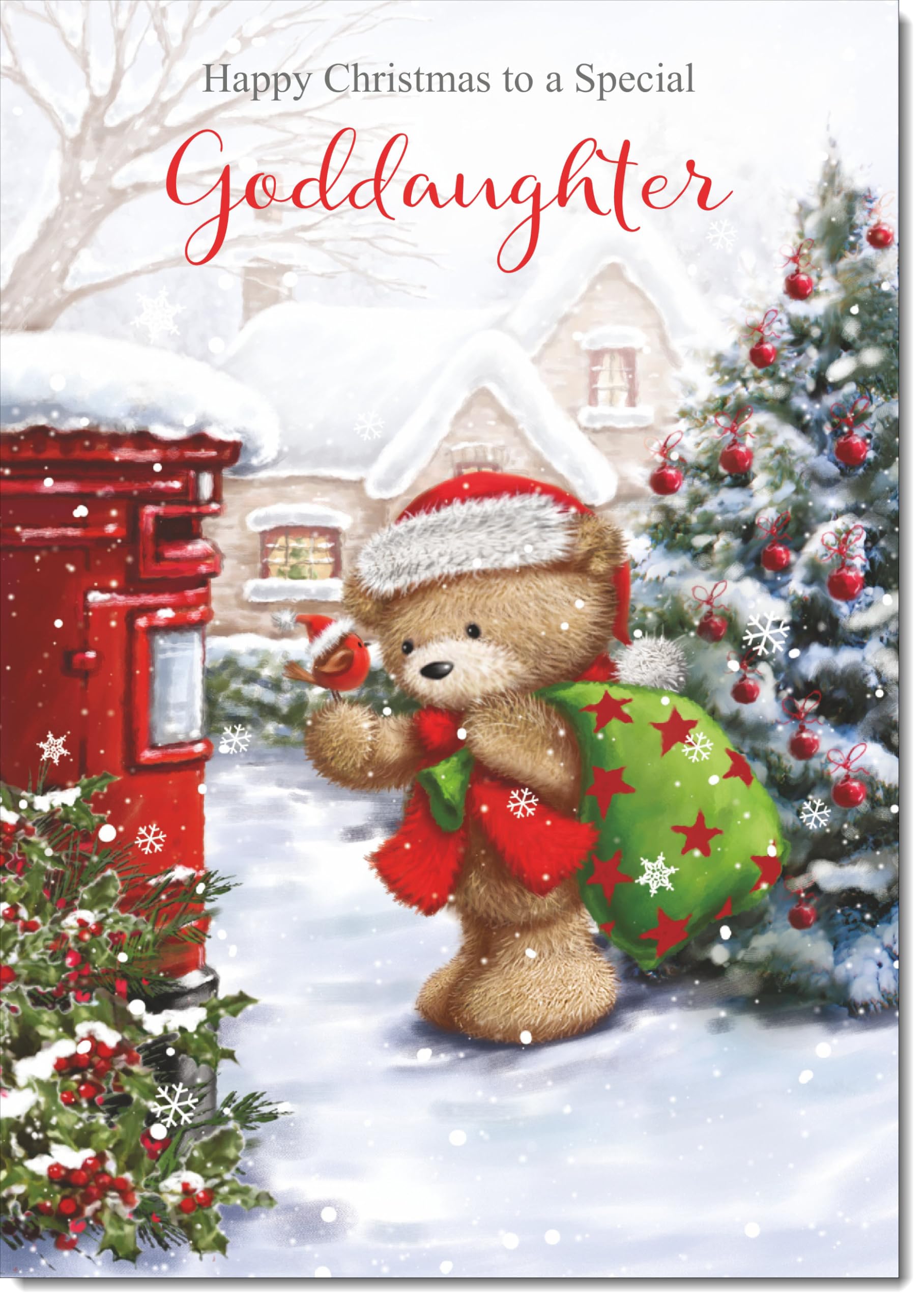 doodlecards Goddaughter Christmas Card Cute Bear Posting a Letter Large A4 Size Christmas Card for Goddaughter with Plain Envelope