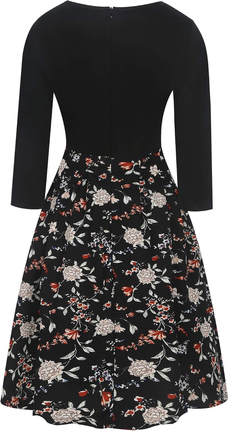 oxiuly Women's Vintage Patchwork Pockets Puffy Swing Casual Party Dress OX165 - Image 5