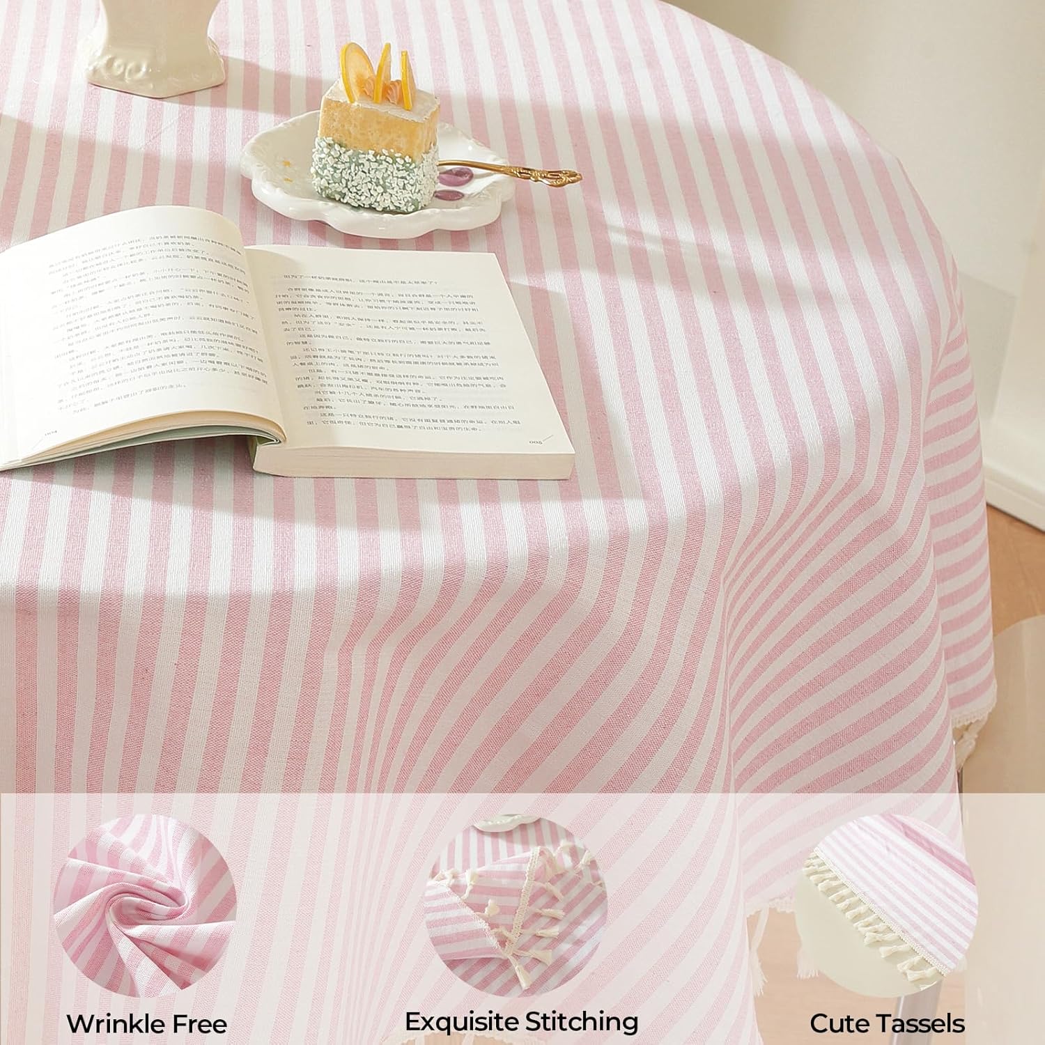 meioro Striped Round Tablecloth, Cotton Blend Fabric Pink Circle Table Cloth with Tassel, Washable Wrinkle Free Table Cover Cute Small Tablecloths for Card Coffee Tables Home Party - Round 60 Inch