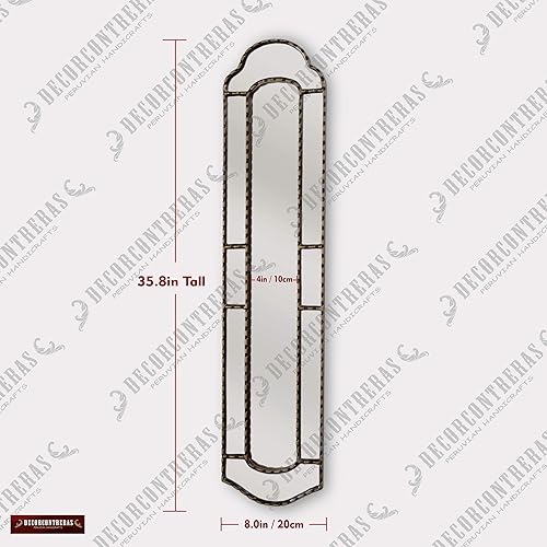 Miniatura 7 de Long Narrow Wall Mirror 35.8" Tall, Antique Gold Narrow Wood Framed Wall Mounted Mirror, Decorative Accent Mirror, Peruvian Hand-Painted Glass