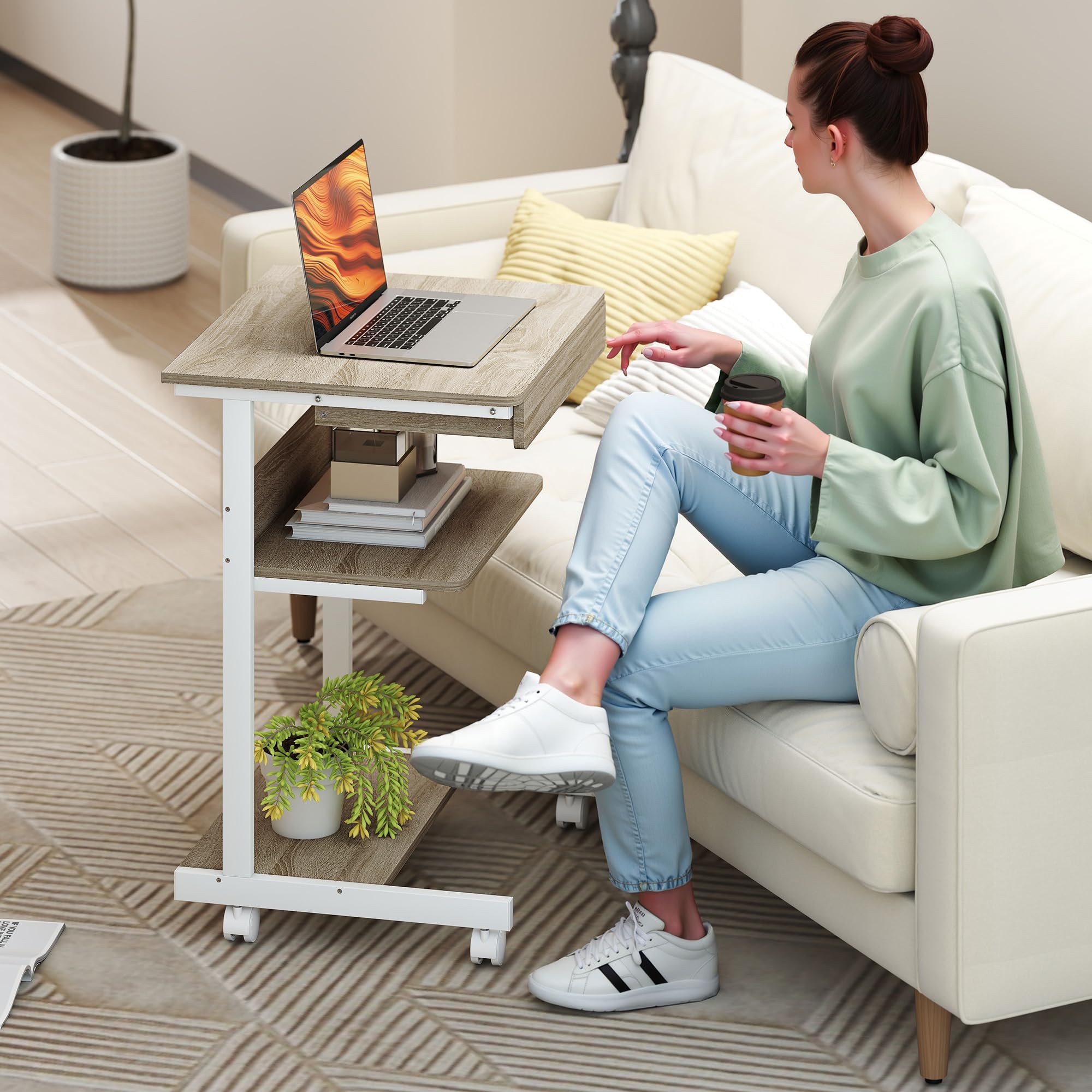 HOMCOM Scrivania Tavolo per Computer, Cassetto, 4 Rotelle, 56x51 cm, Rovere | Scrivania da Ufficio, 4 Rotelle, 2 Ripiani Aperti, Postazione di Lavoro con Supporto CPU, per Studio