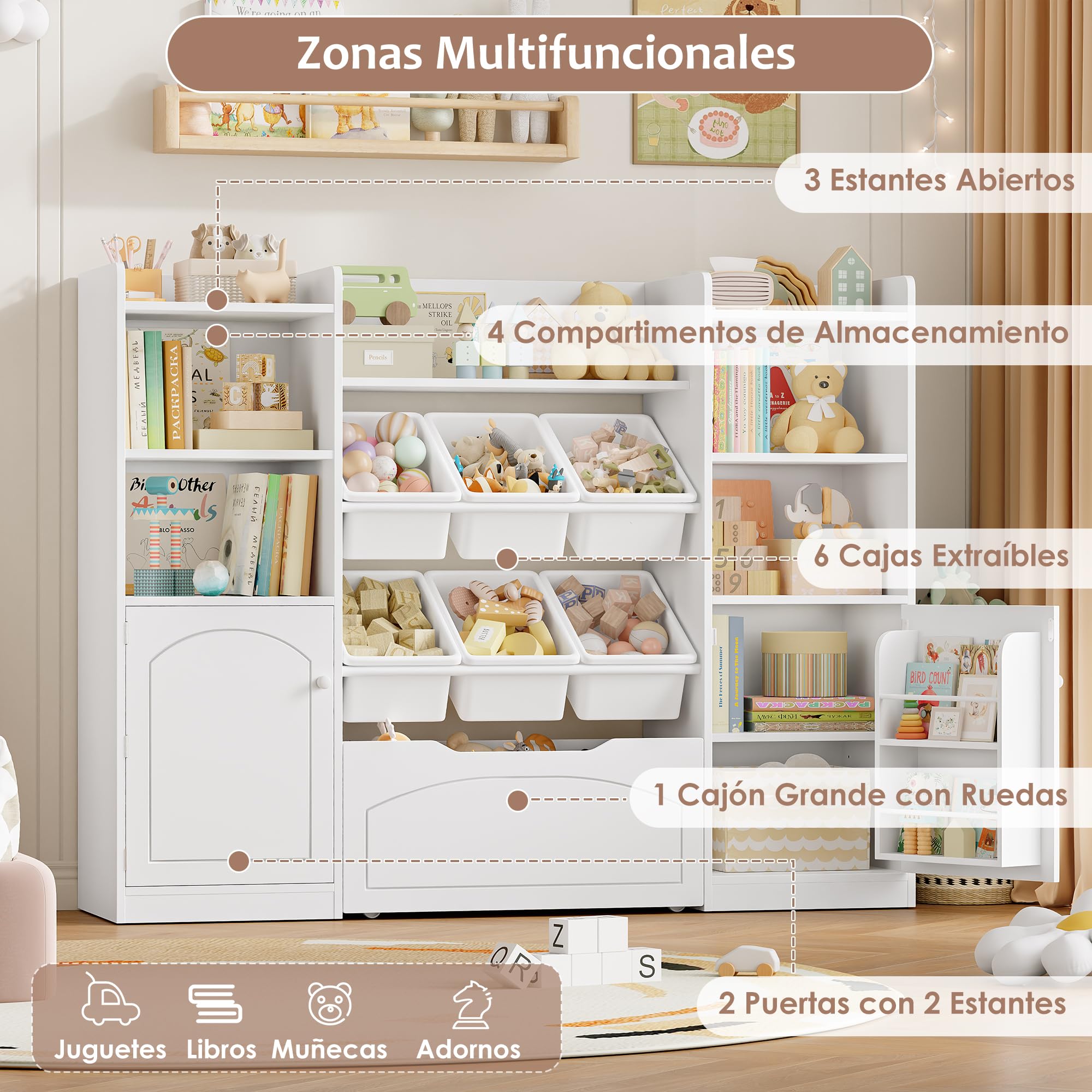 FOREHILL Mueble Almacenaje Juguetes, Organizador Juguetes, 6 Cajas, Blanco | Mueble Juguetes Organizador, 8 Compartimentos, 2 Estantes para Puertas, 1 Cajón Grande, 140.5x33x108.2cm
