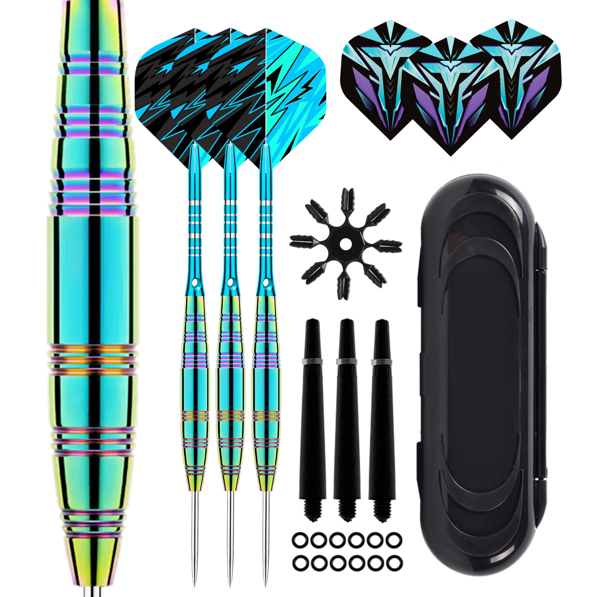 Aiqilai Darts Set 23g Professional 3 Pack, Steel Tip Darts Set with Aluminum Shafts(+3 More Spare Shafts) and 2 Style Flights+Rubber O-Rings and Darts Case, lake blue