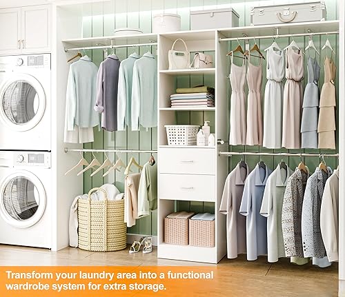 Vista 5 de Sistema de armario, sistema organizador de armario de 6 a 9 pies con 2 cajones de madera, 4 varillas expandibles para colgar, organizador