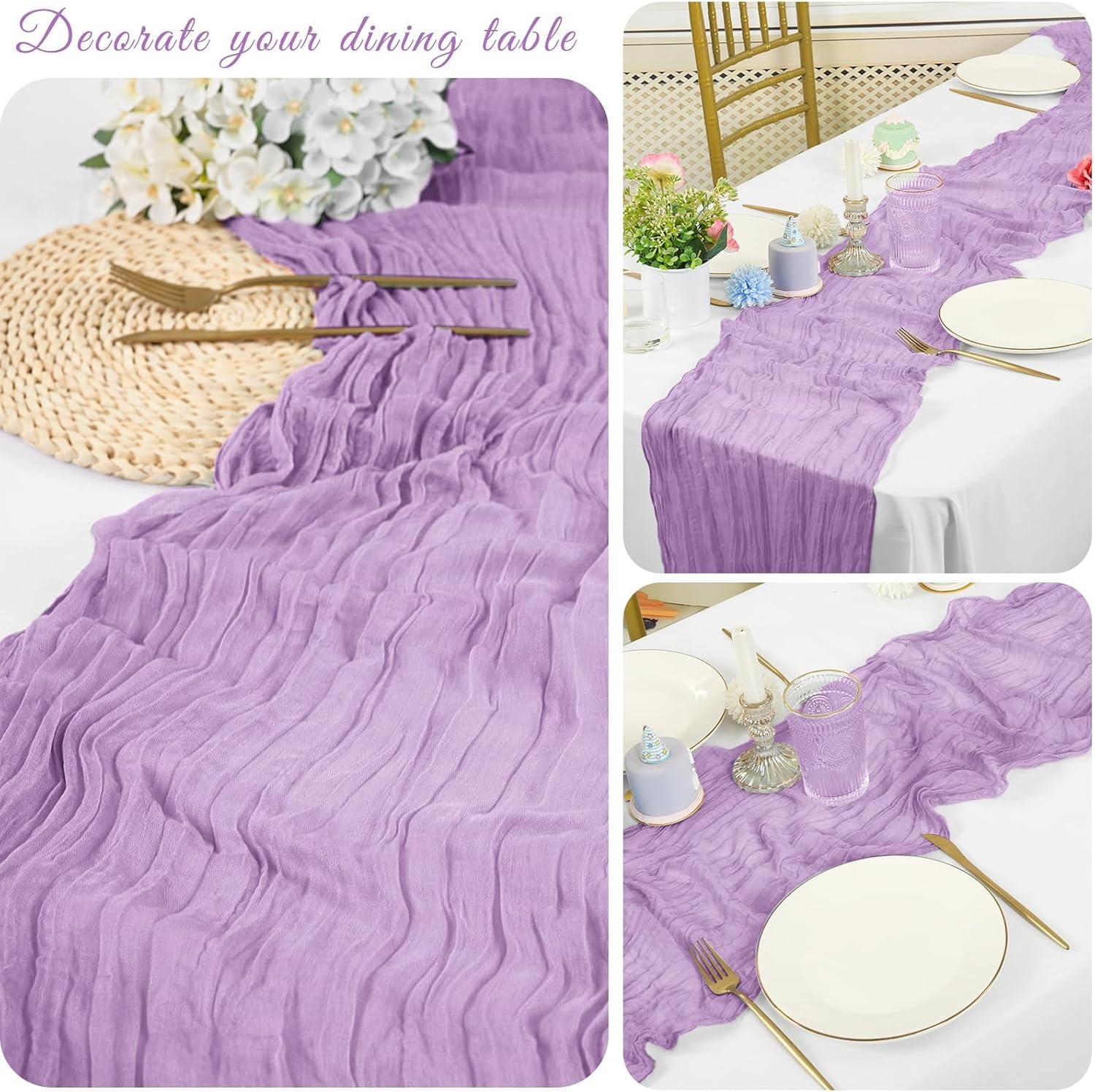10 Pack Cheesecloth Table Runner 20 x 120 inch Long Boho Gauze Table Runners 10FT Semi Sheer Table Runner for Wedding Decor, Baby Shower, Birthday Party, Banquet (Lavender)