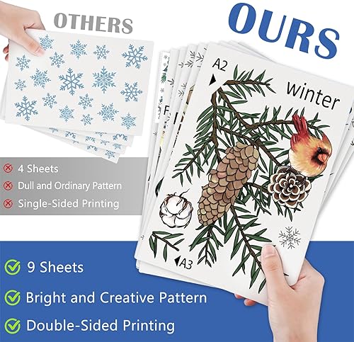 Miniatura 5 de Mfault 152 calcomanías de pared de pájaros de bienvenida de invierno, 9 hojas, ramas de flores de pascua, chickadé, copos de nieve de pájaro azul,