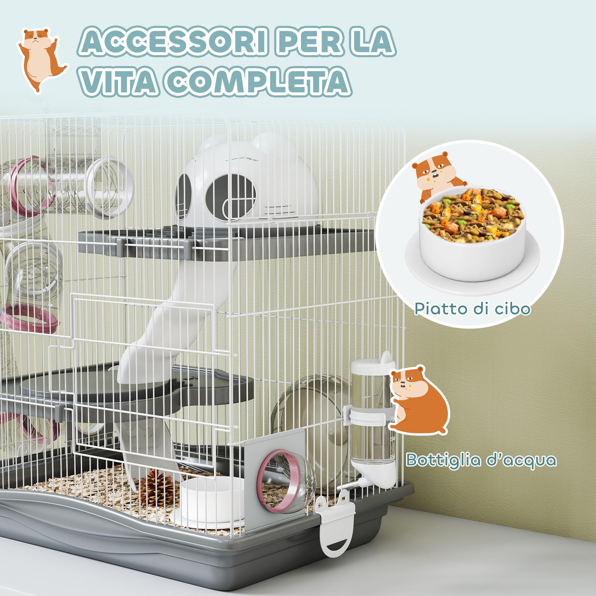 PawHut Gabbia per Criceti a 3 Livelli e 14 Tubi con Casetta, Rampa, Ciotole, Serbatoio per l'Acqua e Vassoio Antigoccia, Gabbietta per Criceti in Metallo e Plastica, 45x30x45 cm, Grigio