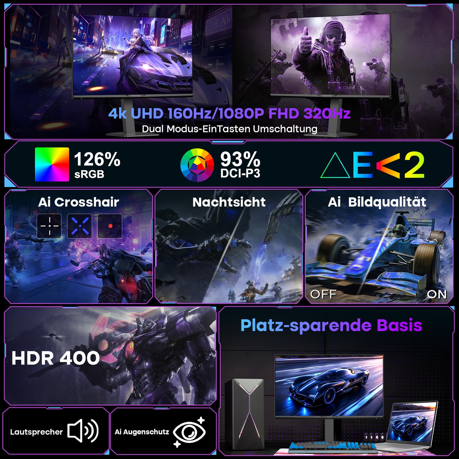 Amzfast Gaming Monitor 27 Zoll 4K mit Dual-Mode, UHD 160Hz/FHD 320Hz, Fast IPS Monitor, 1ms MPRT, Höhenverstellbar, HDR 400, sRGB 126%, HDMI 2.1, DP 1.4, PBP/Pip, Adaptive Sync - AMZG27F6U