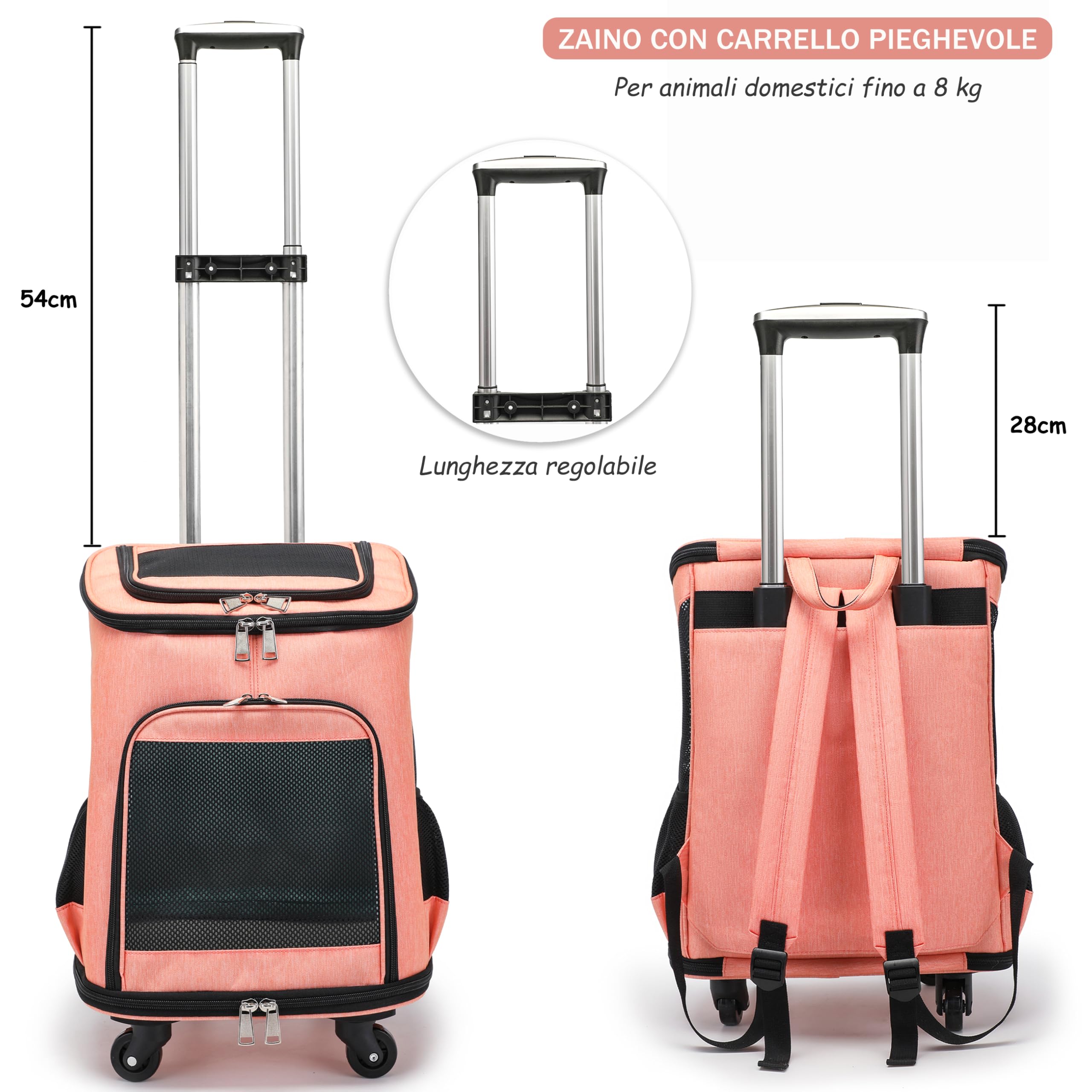 Zaino Trolley per Animali Domestici Pieghevole, Trasportino Gatto Cane con Ruote, Borsa Trasporto Gatti, Borsa Multifunzione Traspirante per Cani Piccoli fino a 8kg