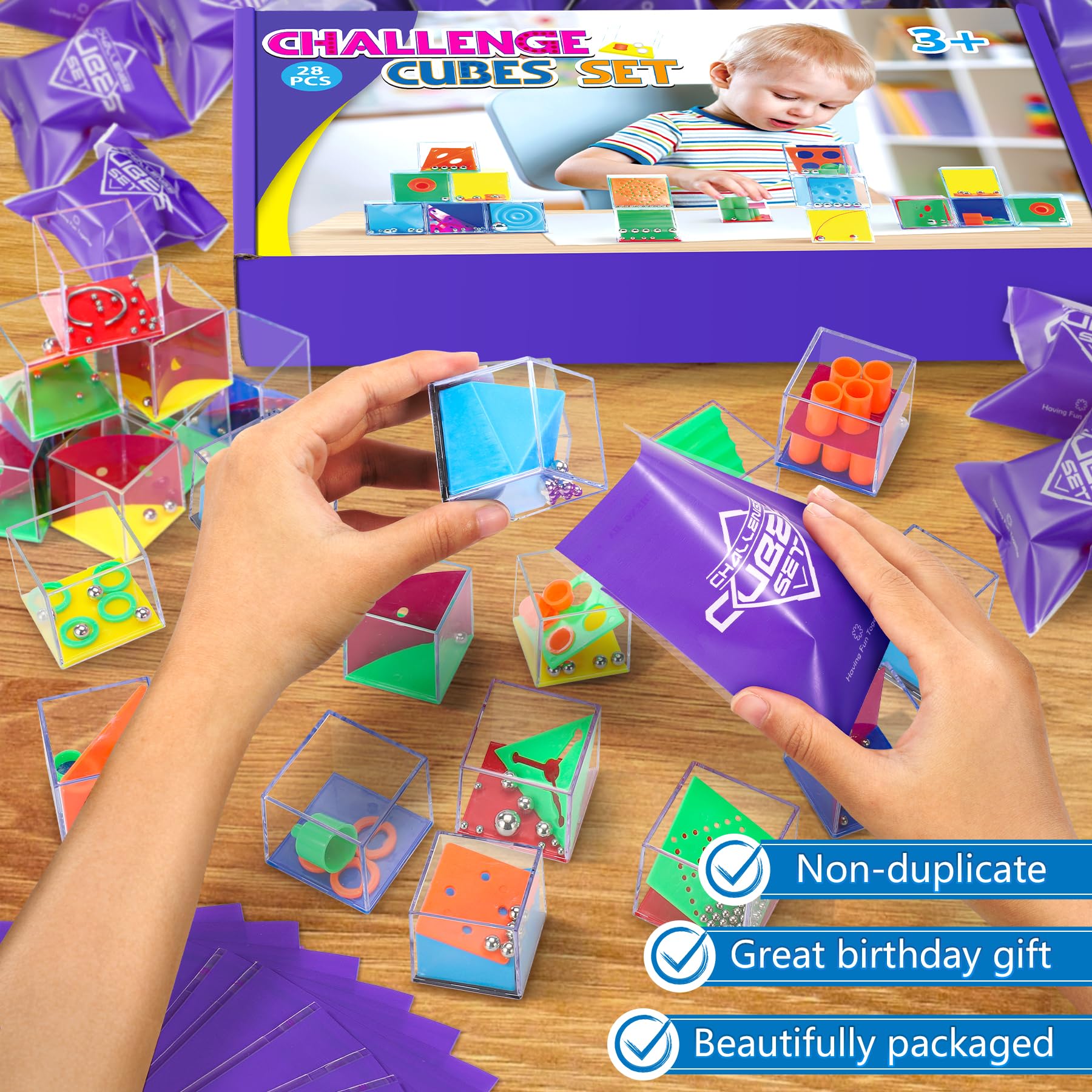 Gontence 28 Pcs Cubi Rompicapo Bambini con 28 Sacchetti Viola - Giochini per Feste di Compleanno Bambini | Bambina Bambino Regalini Compleanno | Regali di giocattoli di Natale | Mini Giochi di Puzzle