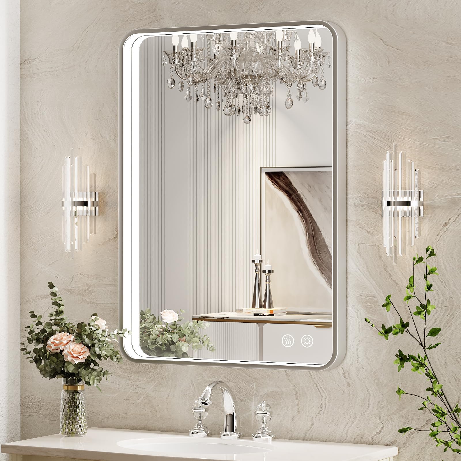 LED Bathroom Mirror with Lights,24x32 Inch Brushed Silver Framed Lighted Vanity Mirror,Anti Fog Stepless Dimmable Wall Mounted(Horizontal/Vertical)