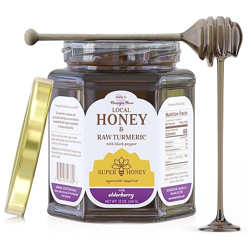 SUPER HONEY Miel cruda sin filtrar Georgia con saúco, cúrcuma y pimienta negra - Mezcla ayurvédica de miel cruda para té - Tarro de miel de vidrio