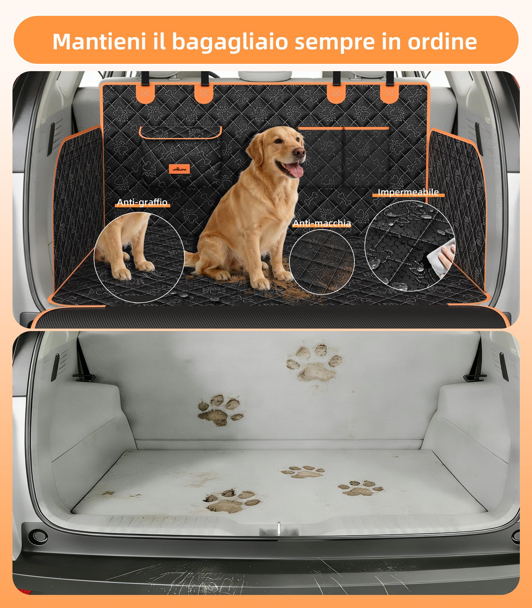UPAWPIA Telo Bagagliaio Auto per Cani Impermeabile Protezione Bagagliaio Auto con Protezione Laterale e Paraurti Universale Copri Bagagliaio per Cani Resistente ai Graffi per SUV 198 * 105 * 36cm